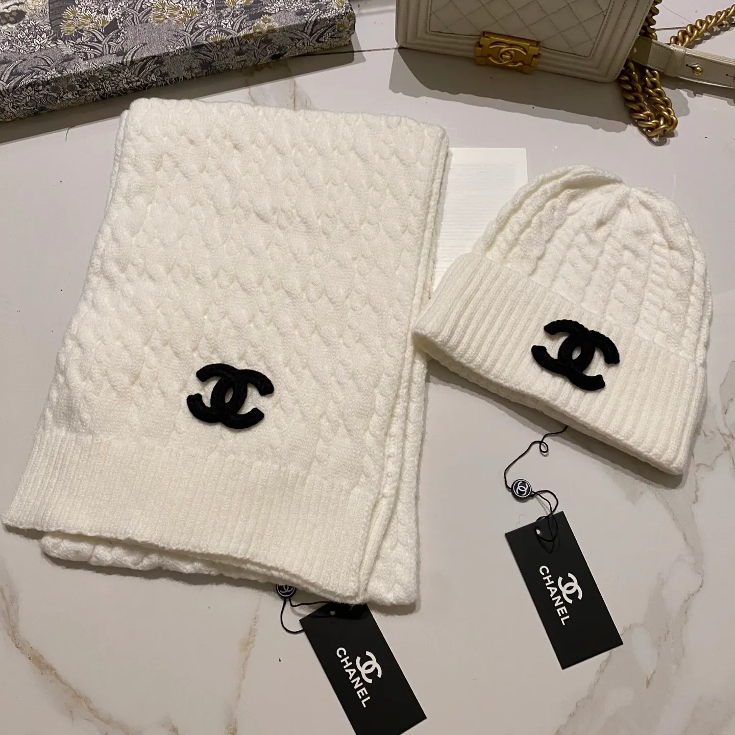 Chanel cashmere suit hat + scarf