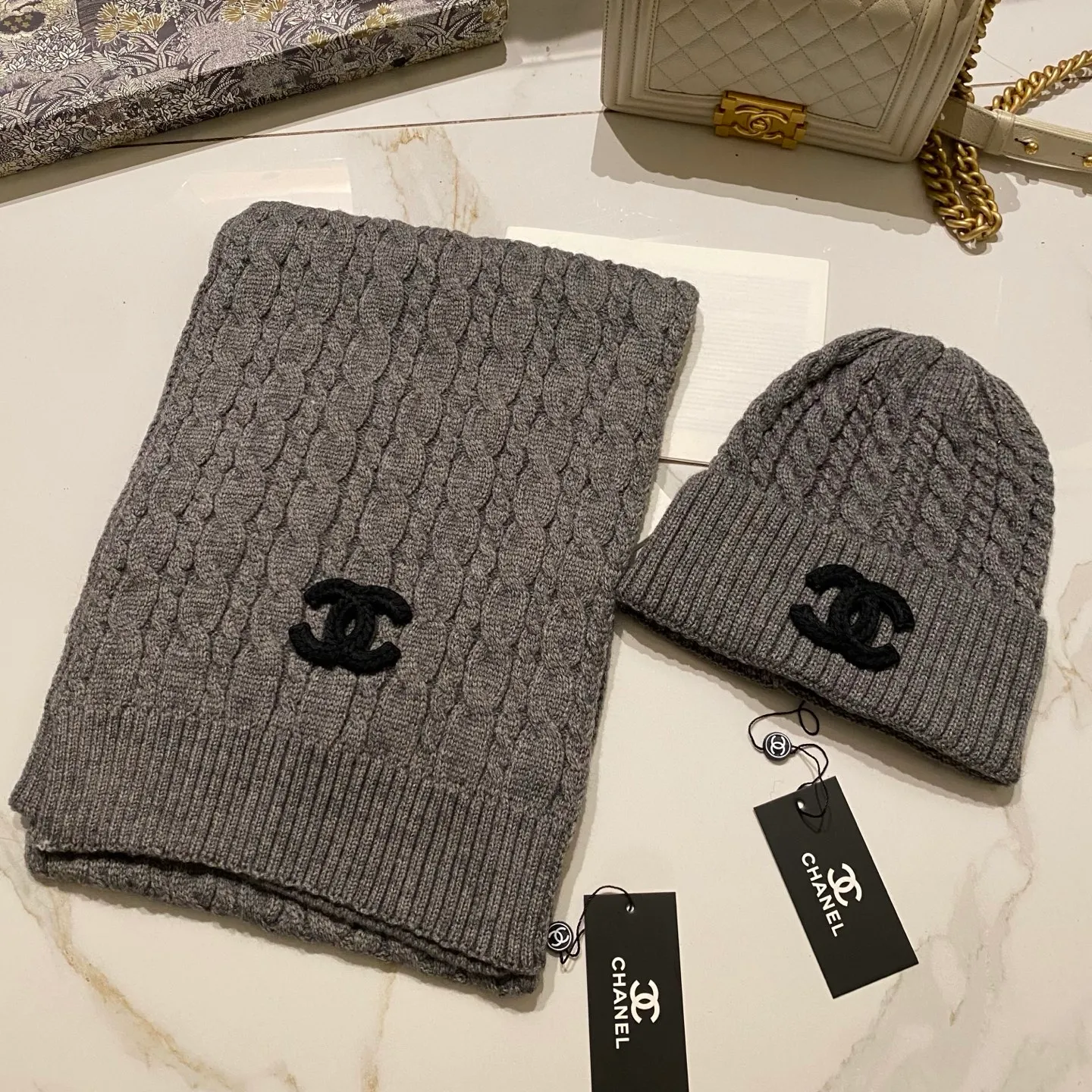 Chanel cashmere suit hat + scarf