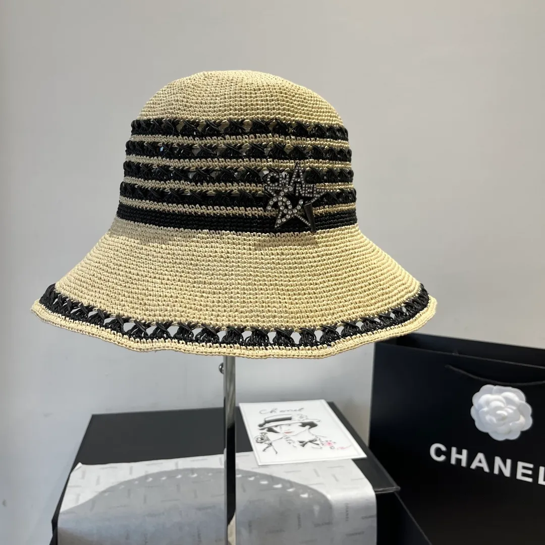 💰160¥ Chanel basin hat, handmade crocheted raffia hat, head circumference 57cm foldable