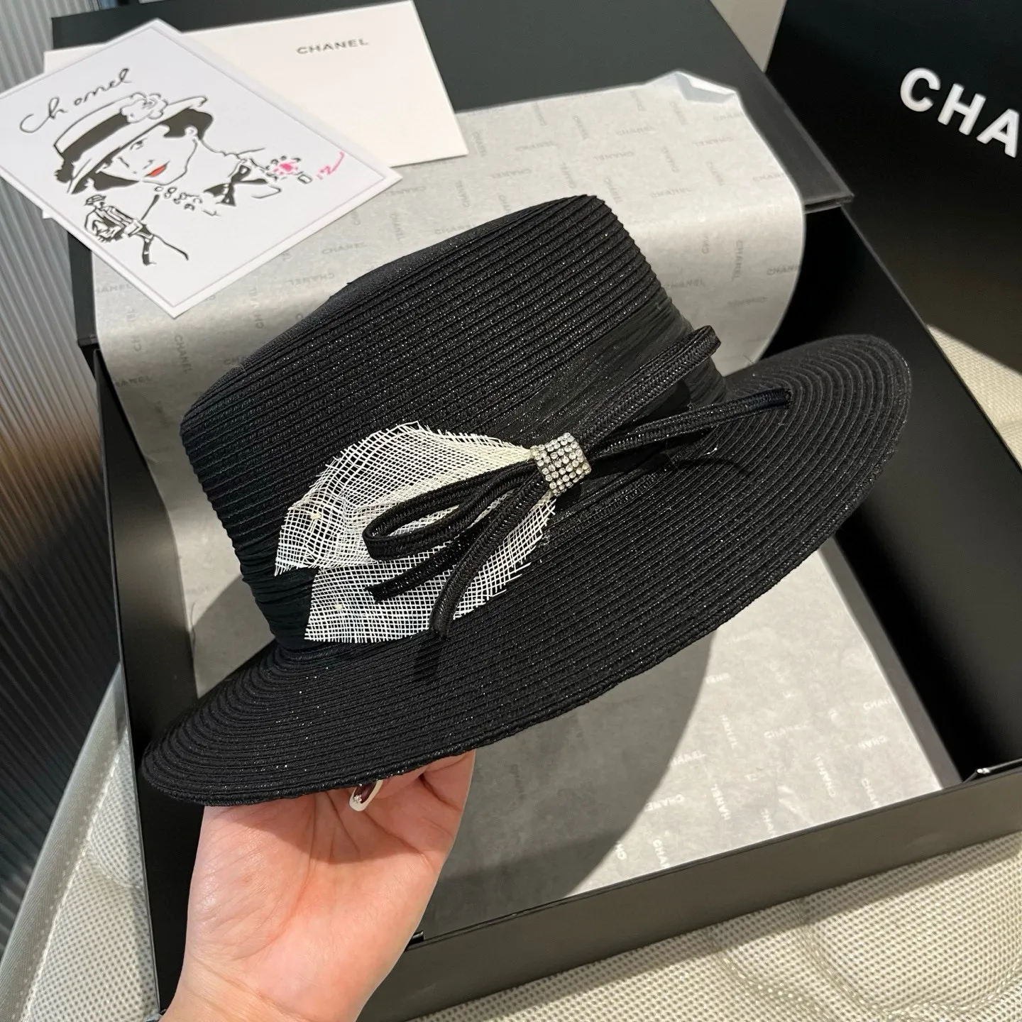 💰160¥ Chanel flat top hat, straw hat, linen accessories, high-end customization, head circumference 57cm
