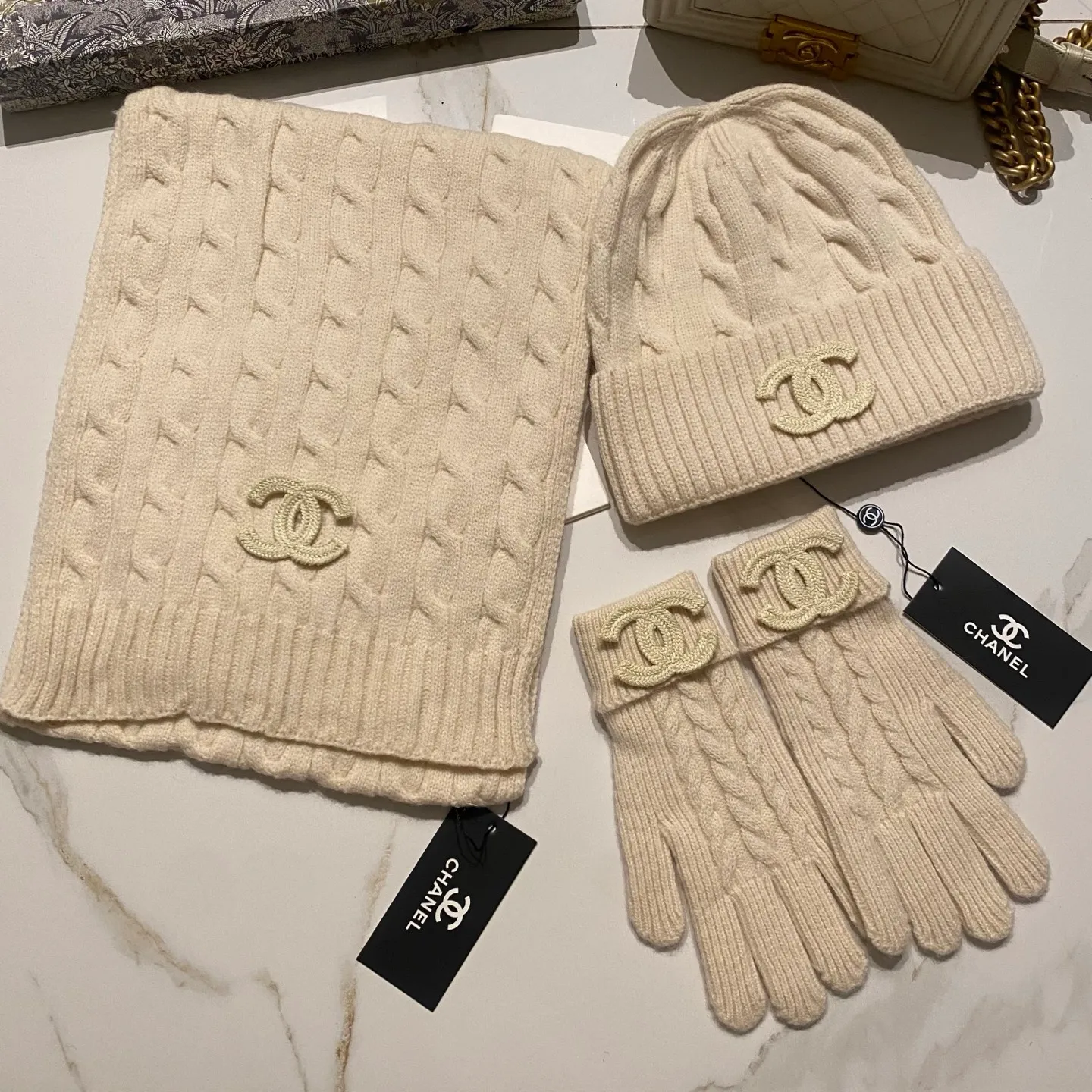 Chanel cashmere suit hat + scarf + gloves