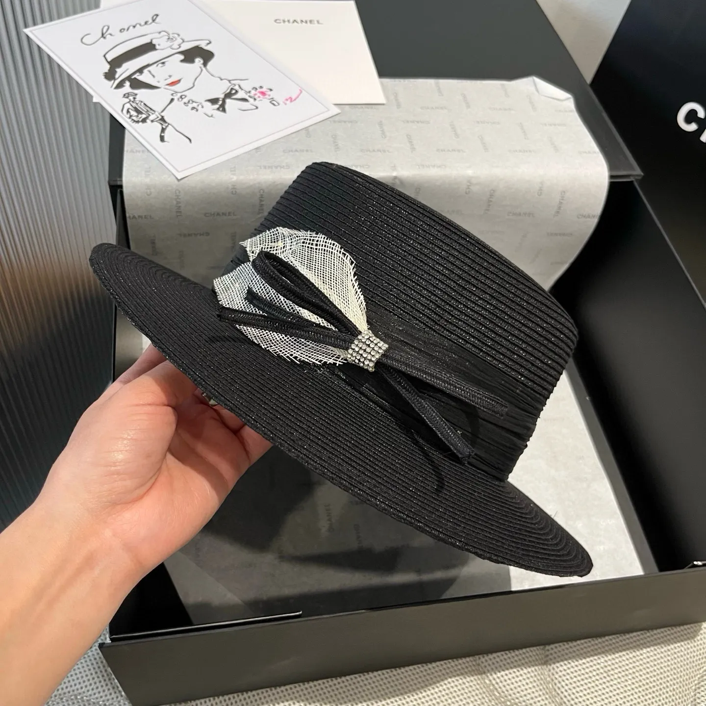 💰160¥ Chanel flat top hat, straw hat, linen accessories, high-end customization, head circumference 57cm