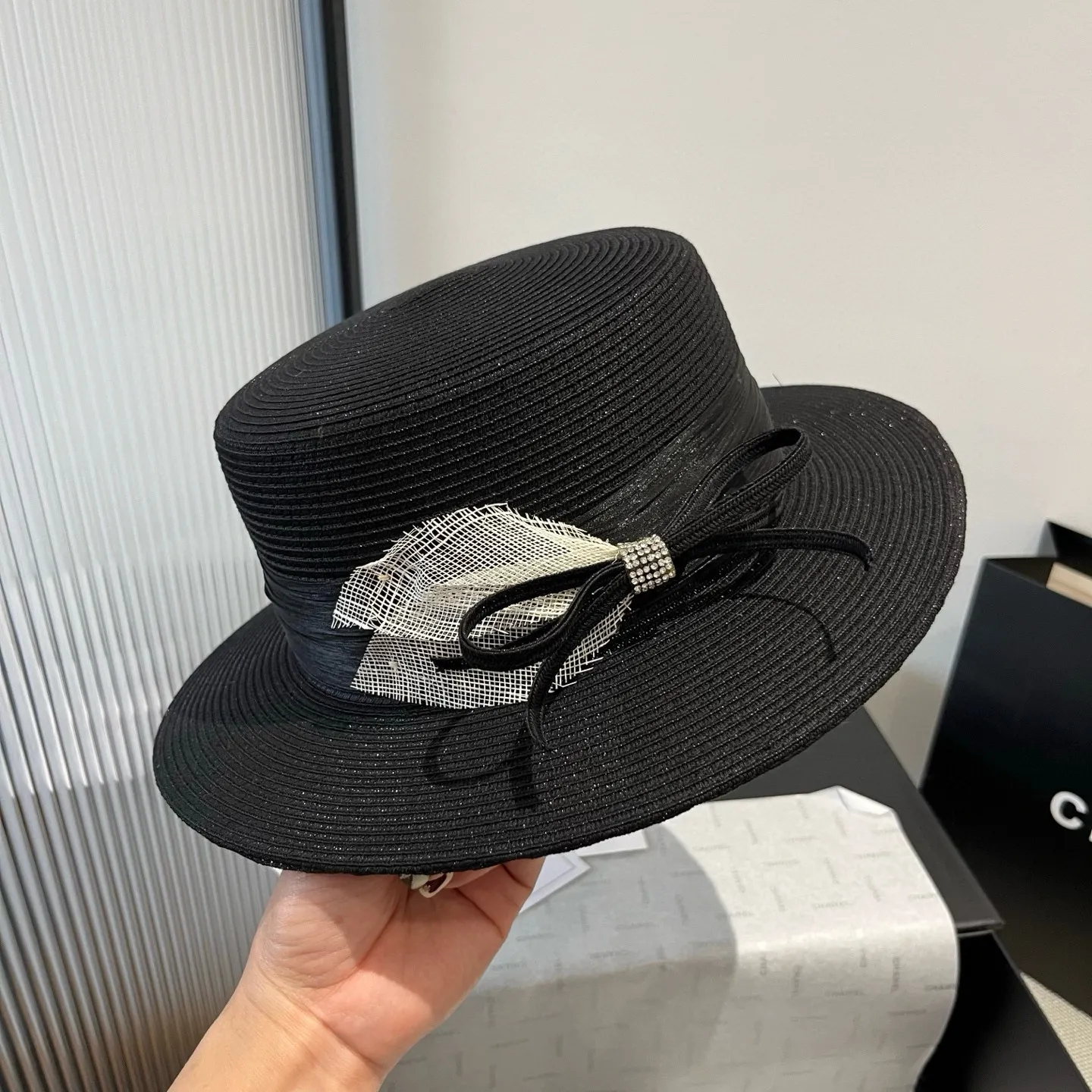 💰160¥ Chanel flat top hat, straw hat, linen accessories, high-end customization, head circumference 57cm