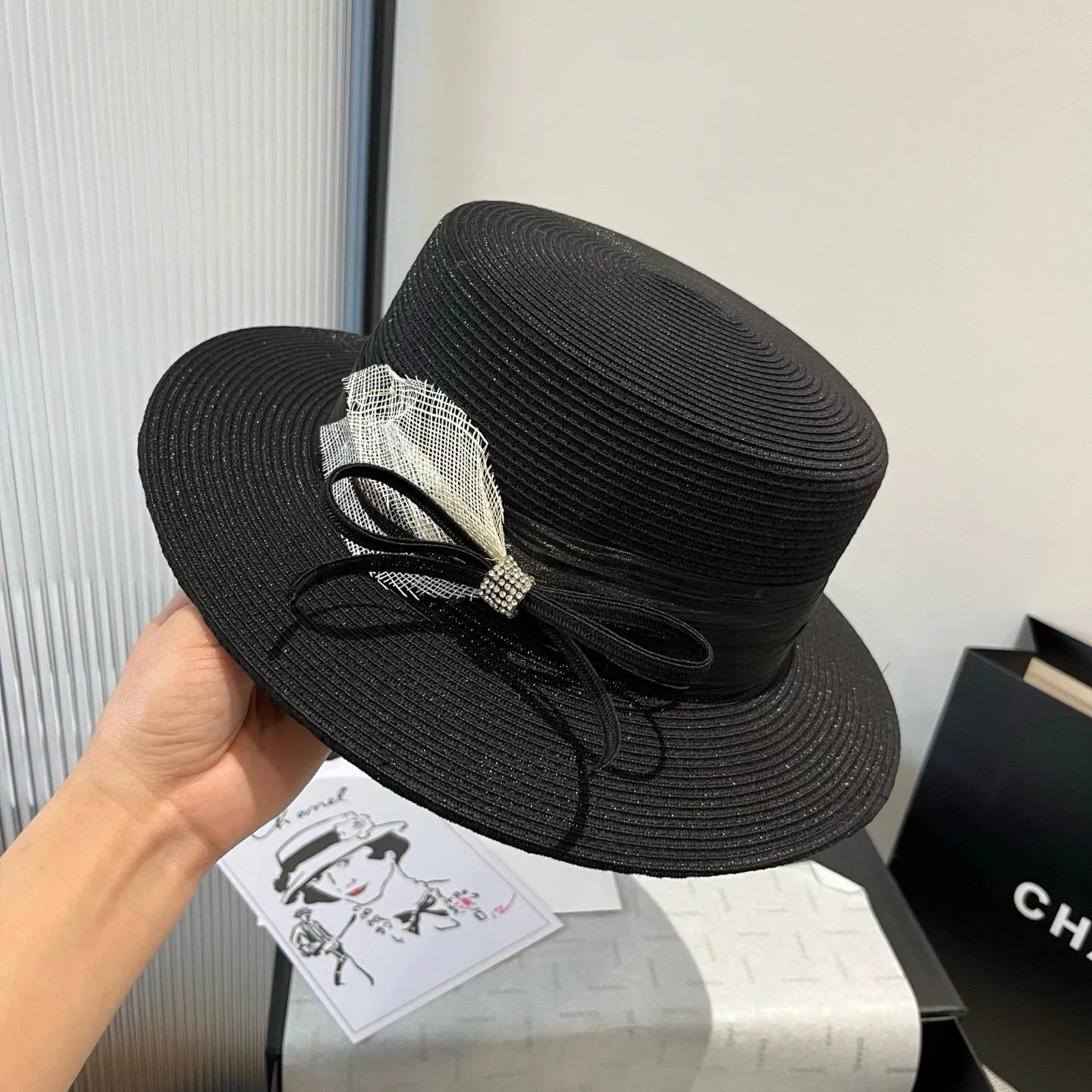 💰160¥ Chanel flat top hat, straw hat, linen accessories, high-end customization, head circumference 57cm