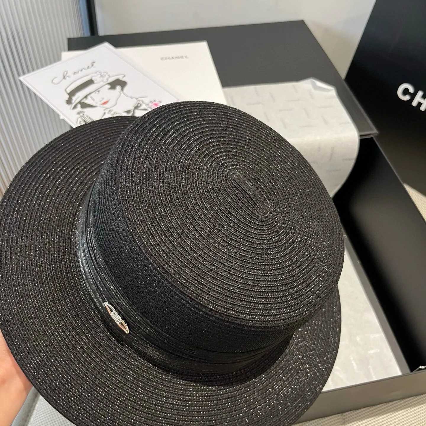 💰160¥ Chanel flat top hat, straw hat, linen accessories, high-end customization, head circumference 57cm
