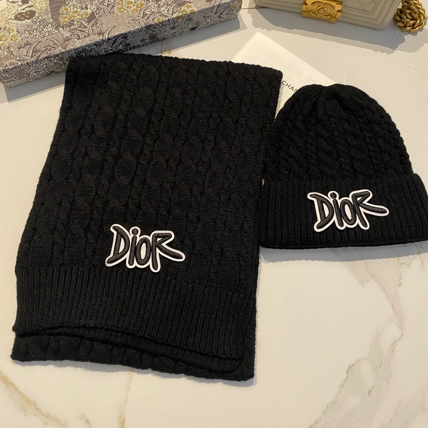 Dior cashmere suit hat + scarf