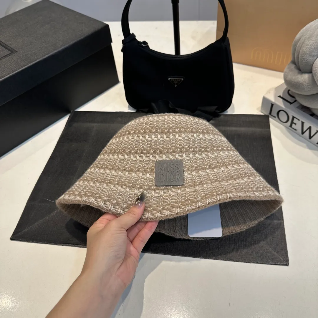 P 60 Dior striped fisherman hat for women 2025 new autumn woolen hat simple and versatile hat big head circumference showing face small basin hat