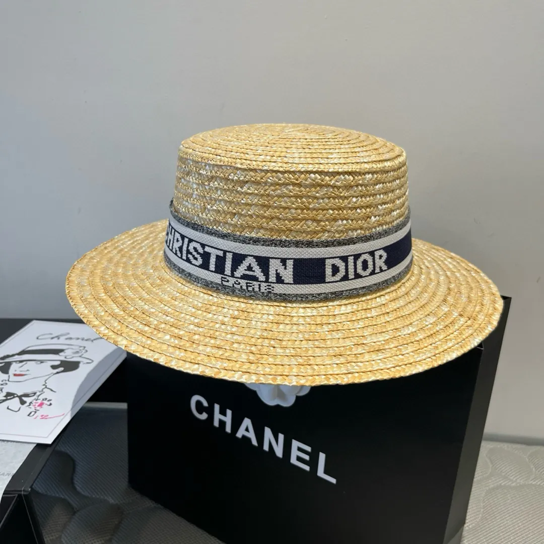 💰120¥ Dior straw straw flat top hat, sun hat, head circumference 57cm