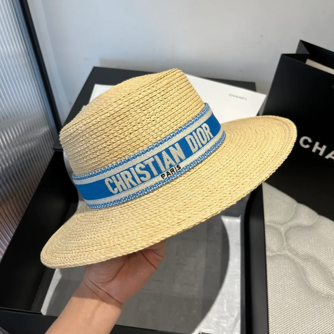 💰160¥ Dior flat-top straw hat, raffia straw hat, head circumference 57cm