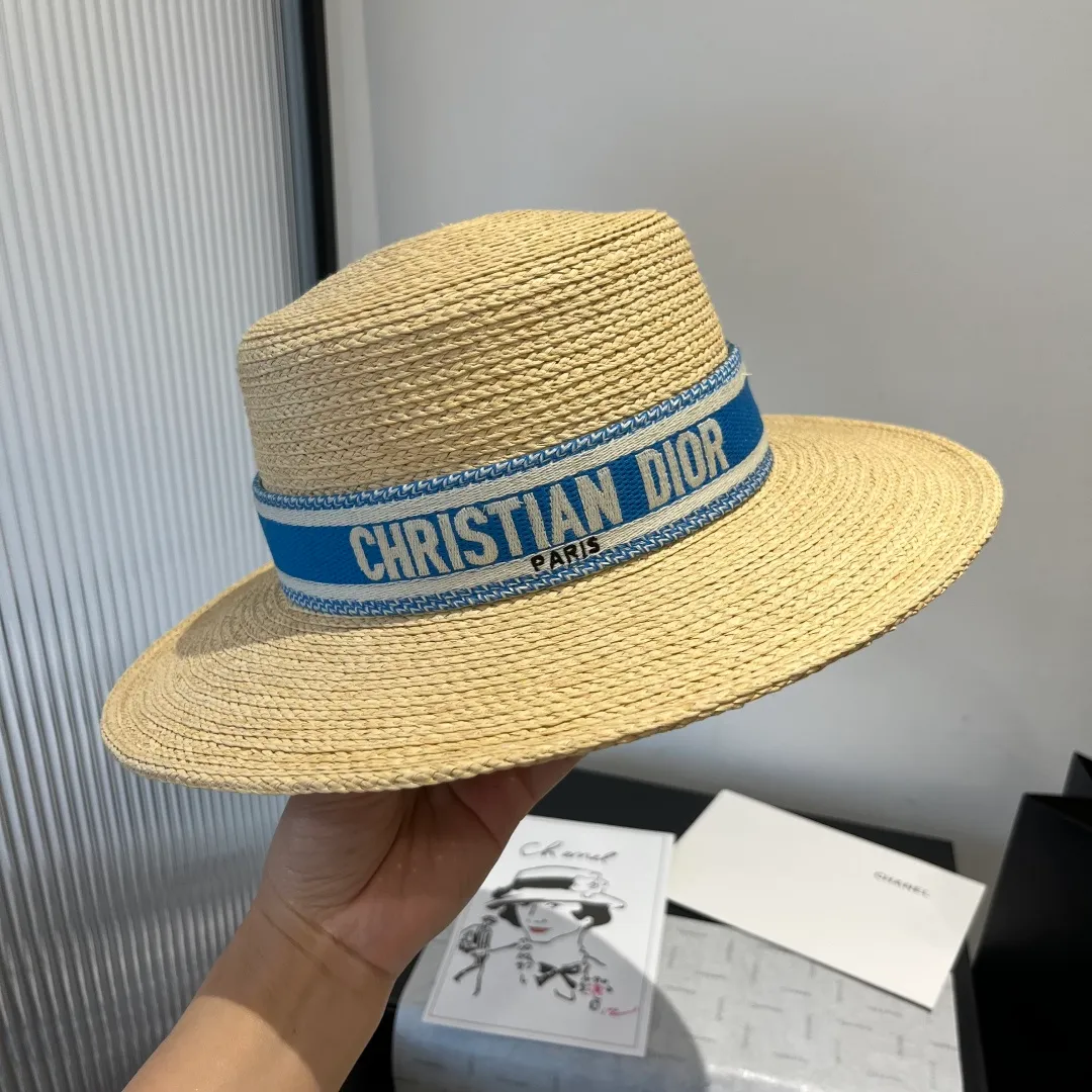 💰160¥ Dior flat-top straw hat, raffia straw hat, head circumference 57cm