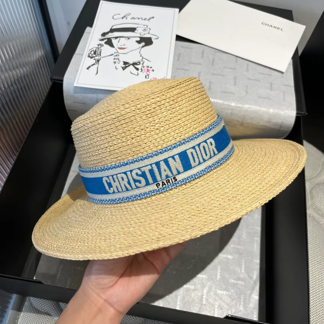 💰160¥ Dior flat-top straw hat, raffia straw hat, head circumference 57cm