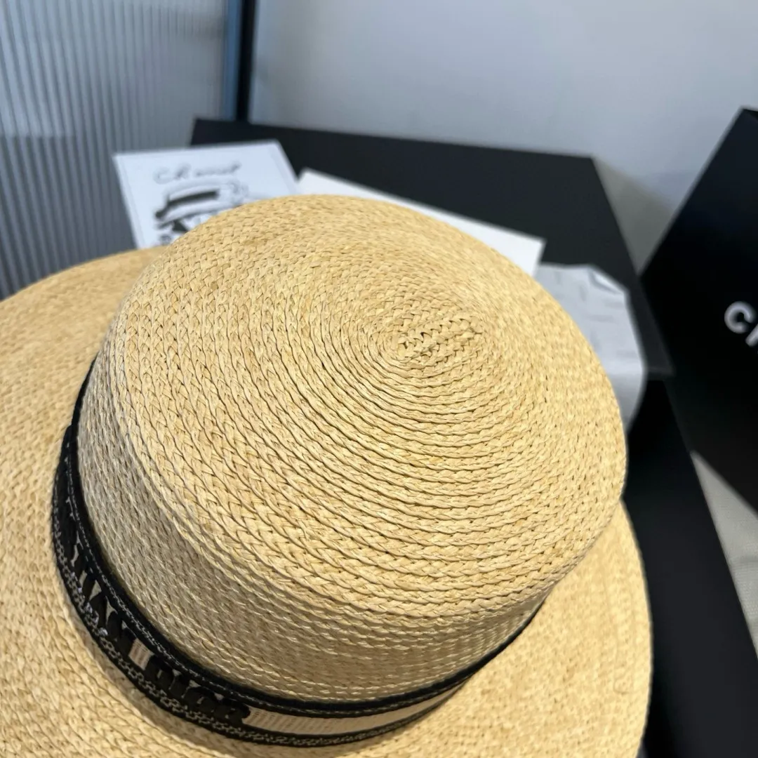 💰160¥ Dior flat-top straw hat, raffia straw hat, head circumference 57cm