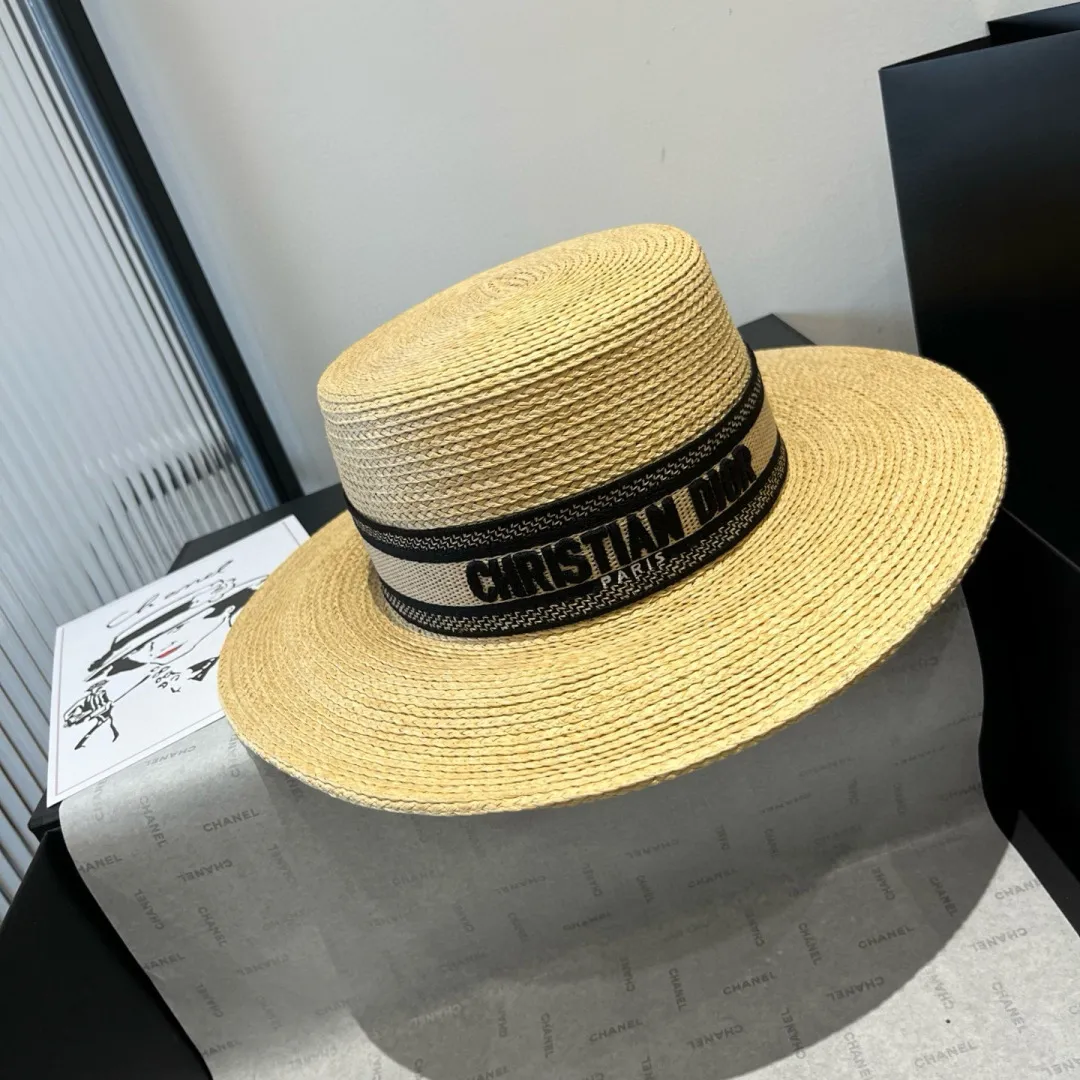💰160¥ Dior flat-top straw hat, raffia straw hat, head circumference 57cm