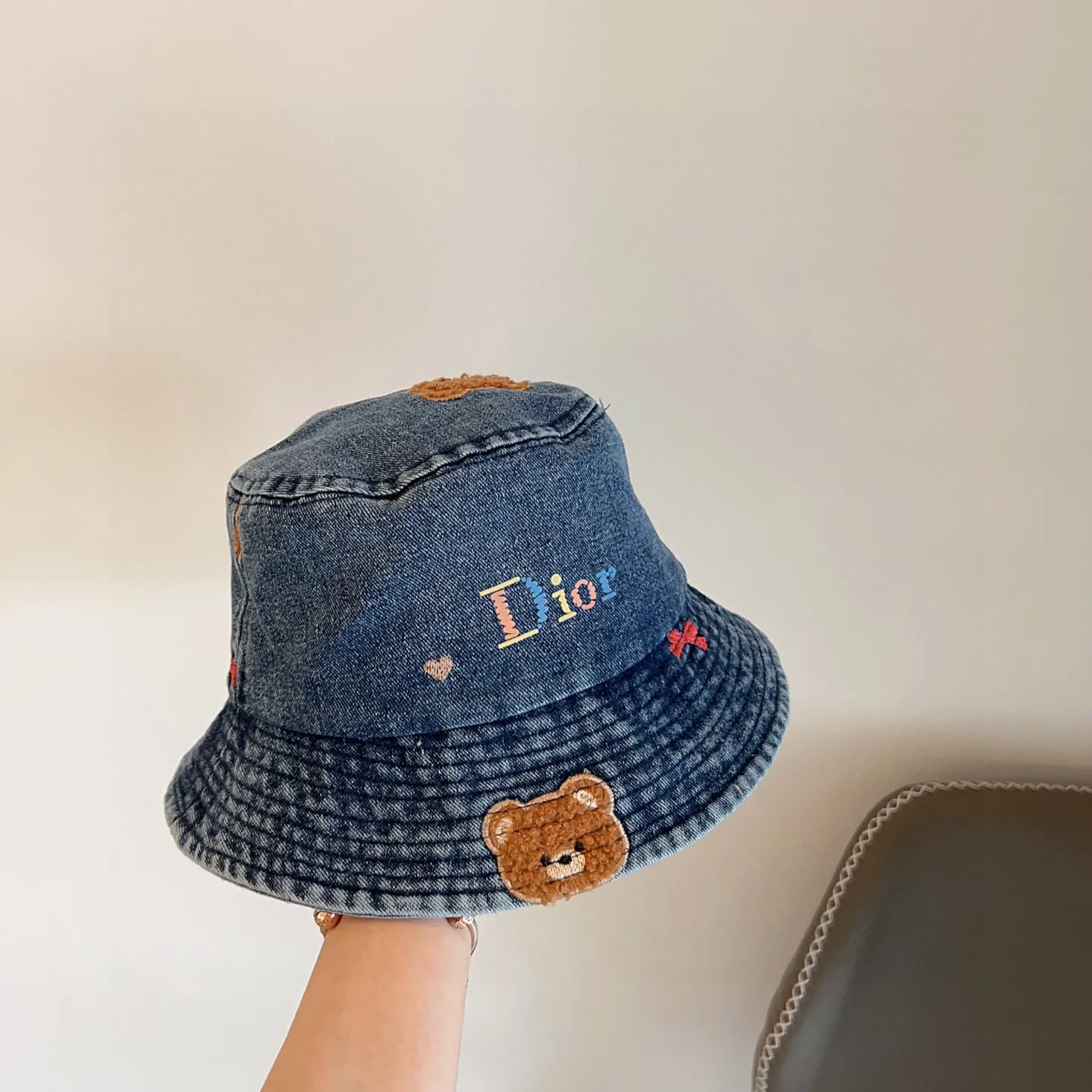 🉐150💛 Comes with dust bag [DIOR Dior] 2025 new bear embroidered denim fisherman hat, 🔆 Versatile everyday style ~ casual outing #Men and women