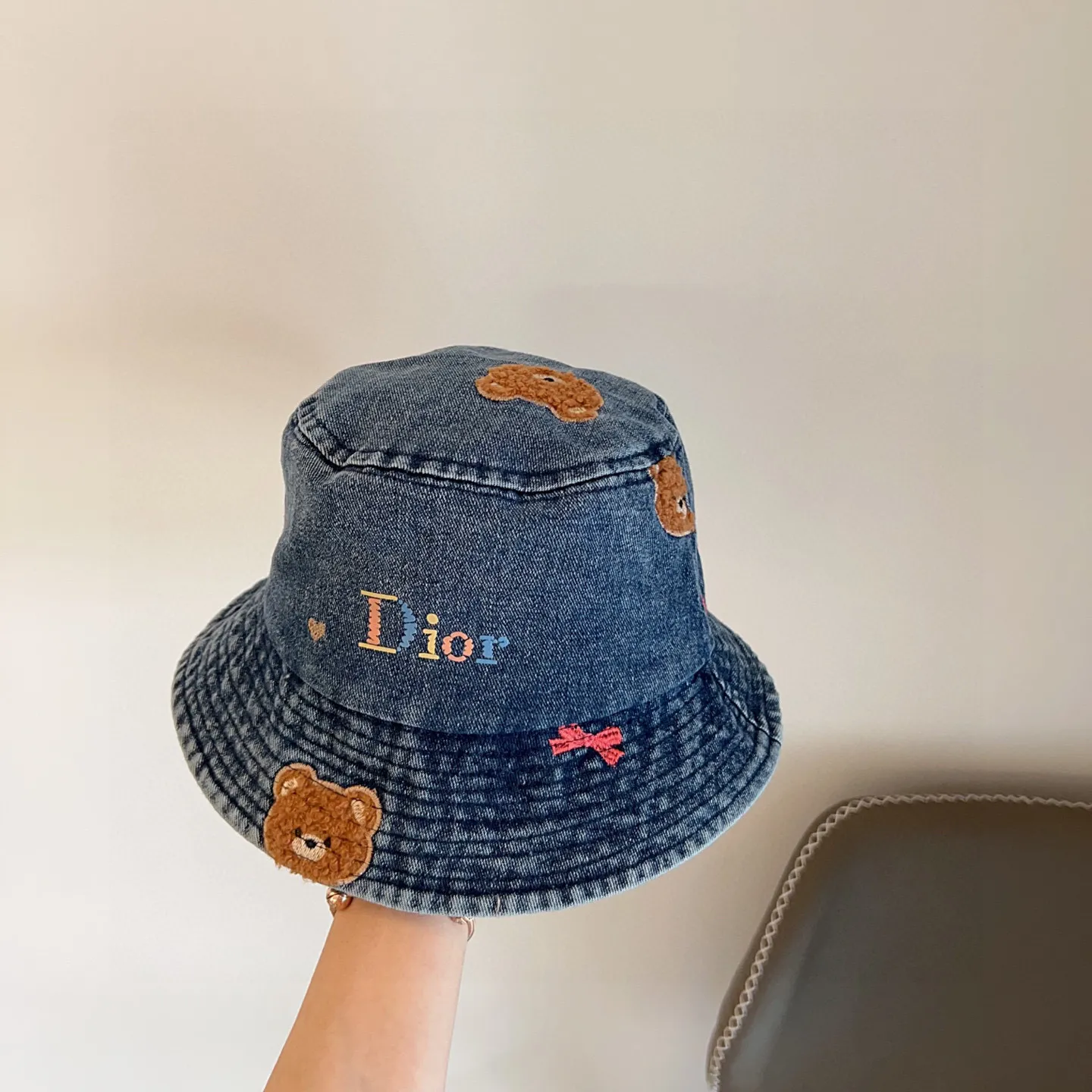 🉐150💛 Comes with dust bag [DIOR Dior] 2025 new bear embroidered denim fisherman hat, 🔆 Versatile everyday style ~ casual outing #Men and women