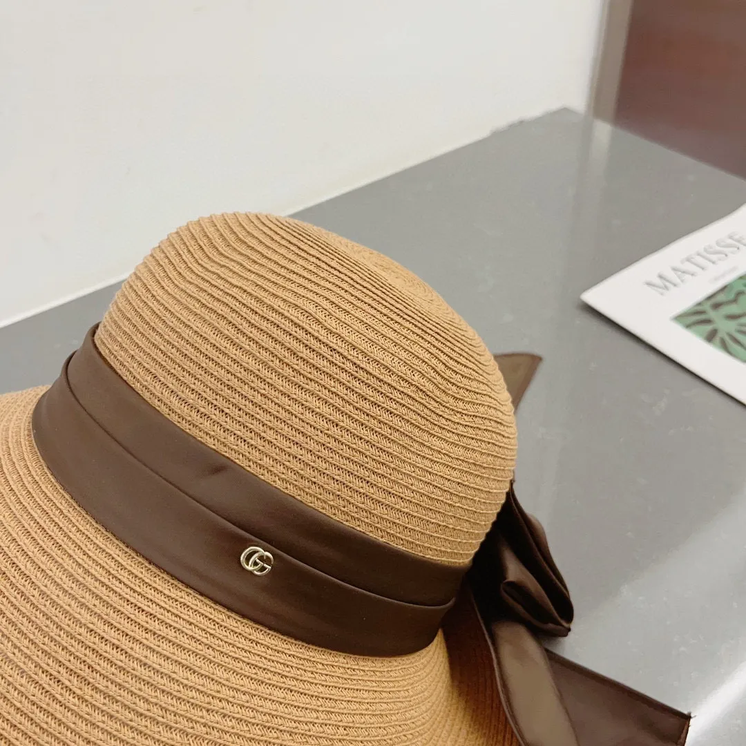💰150¥ Gucci straw hat, ladylike sun hat, satin bow ribbon, head circumference 57cm