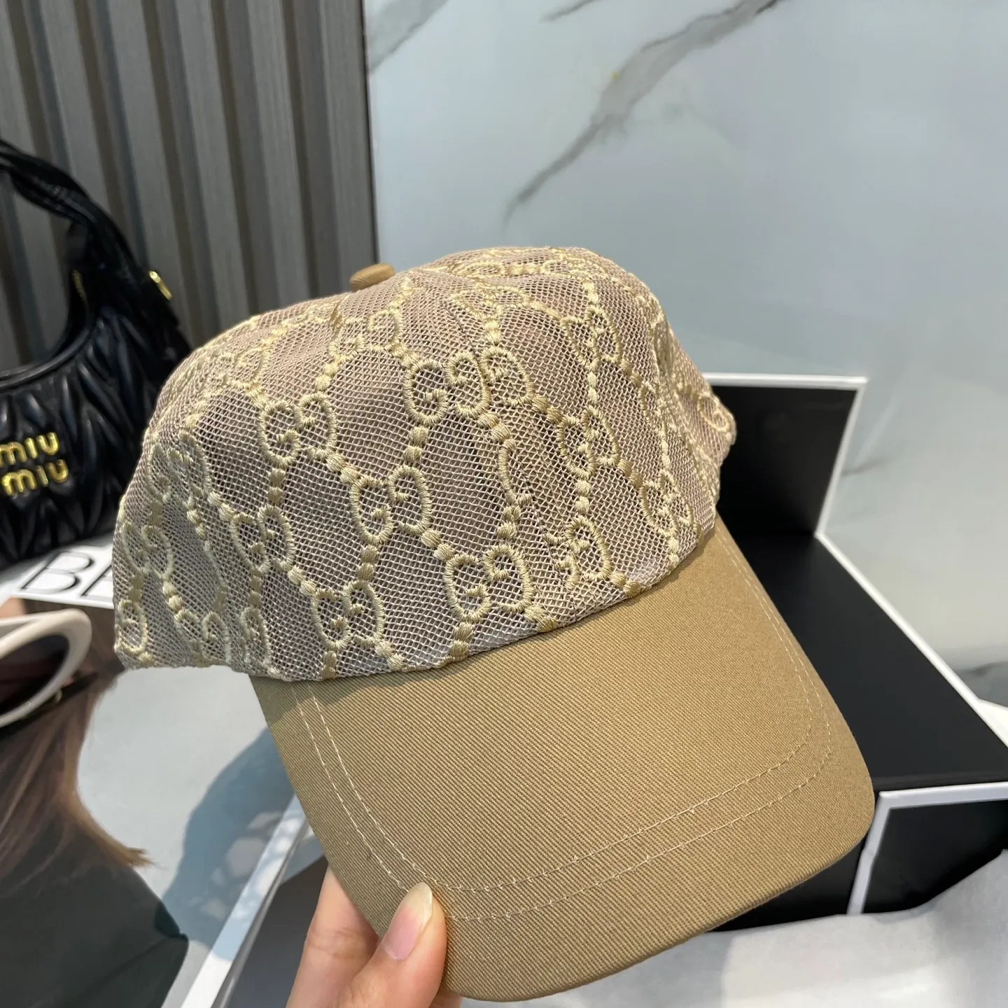 P74 GUCCI spring and summer mesh splicing original baseball cap GG full logo jacquard fabric hot item