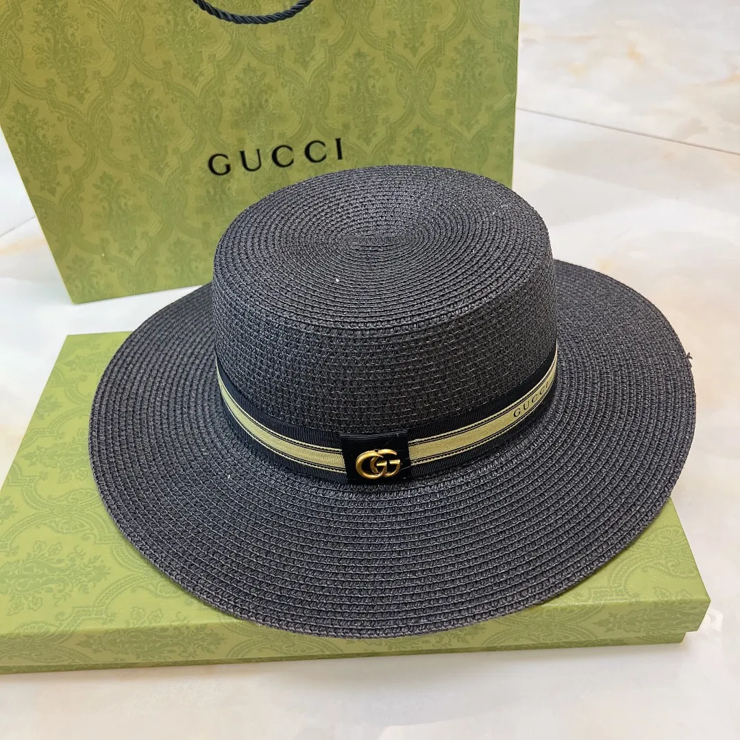 🉐70💛 Comes with dust bag [GUCCI] 2023 new style straw sunshade and basin hat with ribbon, simple and elegant, versatile item ~ first choice for going out on the street