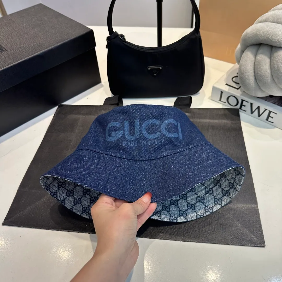 P80 GUCCI Gucci 2025 counter new washed denim fisherman hat, very trendy! Casual and sports style, classic production, super easy to match!