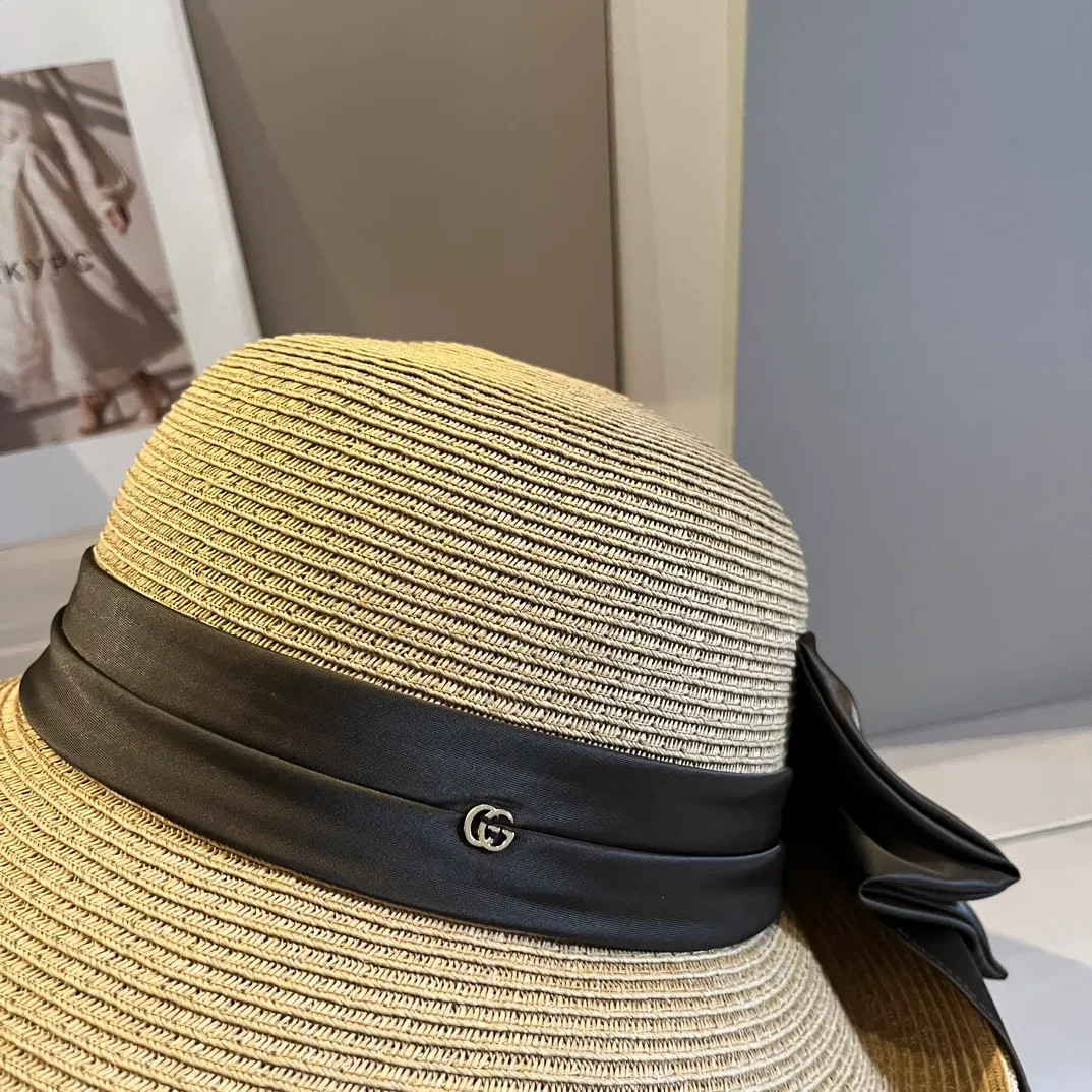 💰140¥ Gucci straw hat, ladylike sun hat, satin bow ribbon, head circumference 57cm