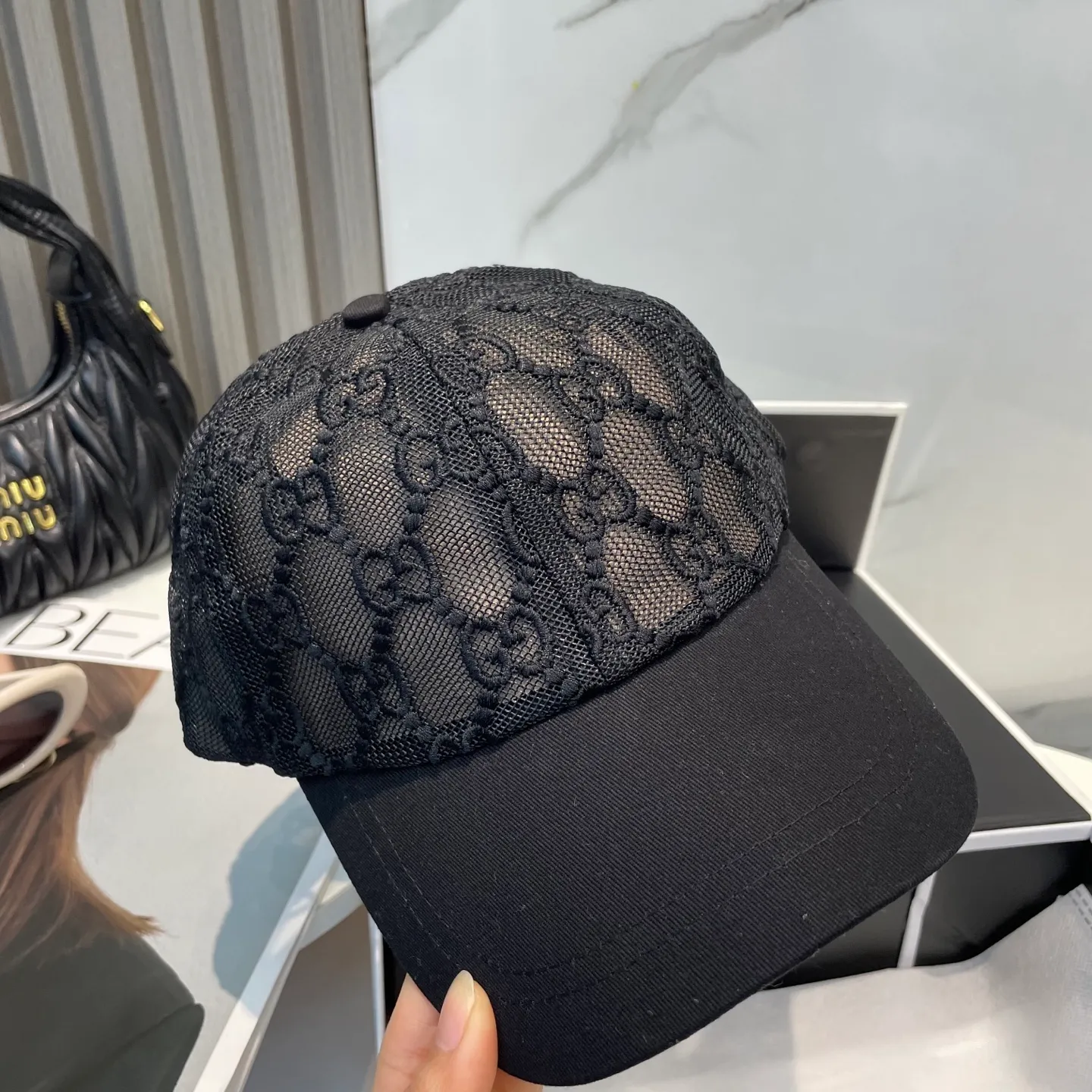 P74 GUCCI spring and summer mesh splicing original baseball cap GG full logo jacquard fabric hot item