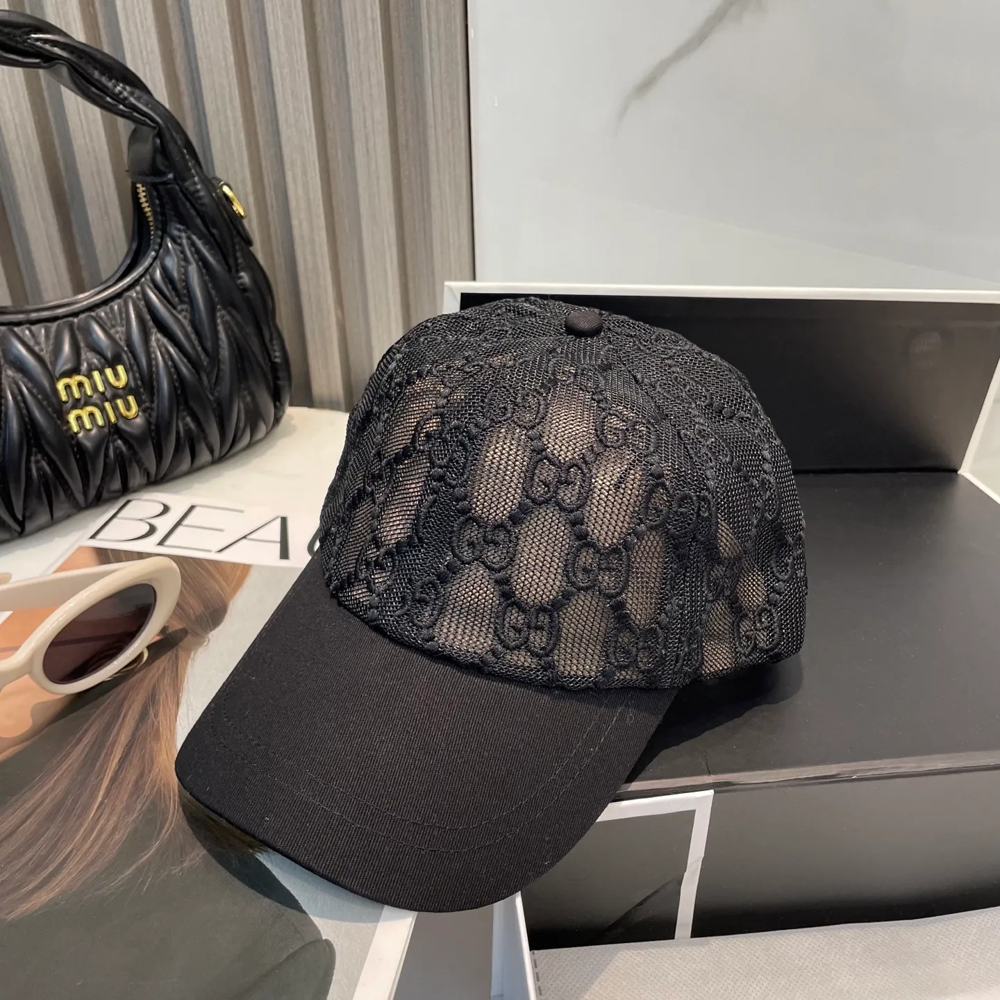 P74 GUCCI spring and summer mesh splicing original baseball cap GG full logo jacquard fabric hot item