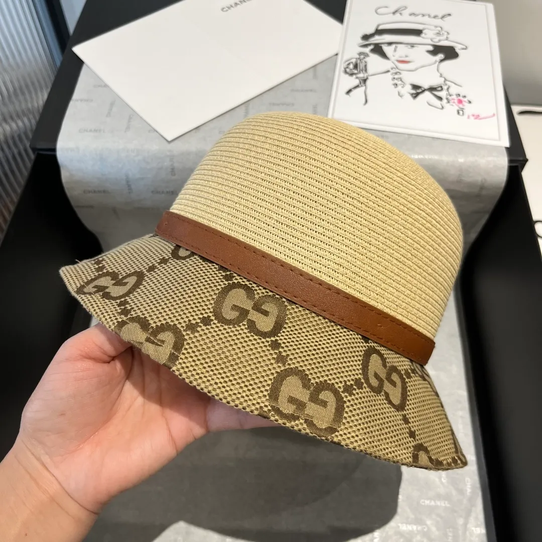 💰150¥ Gucci Gucci leather straw hat, thin straw hat, easy to carry, high-end customization, head circumference 57cm, khaki two colors