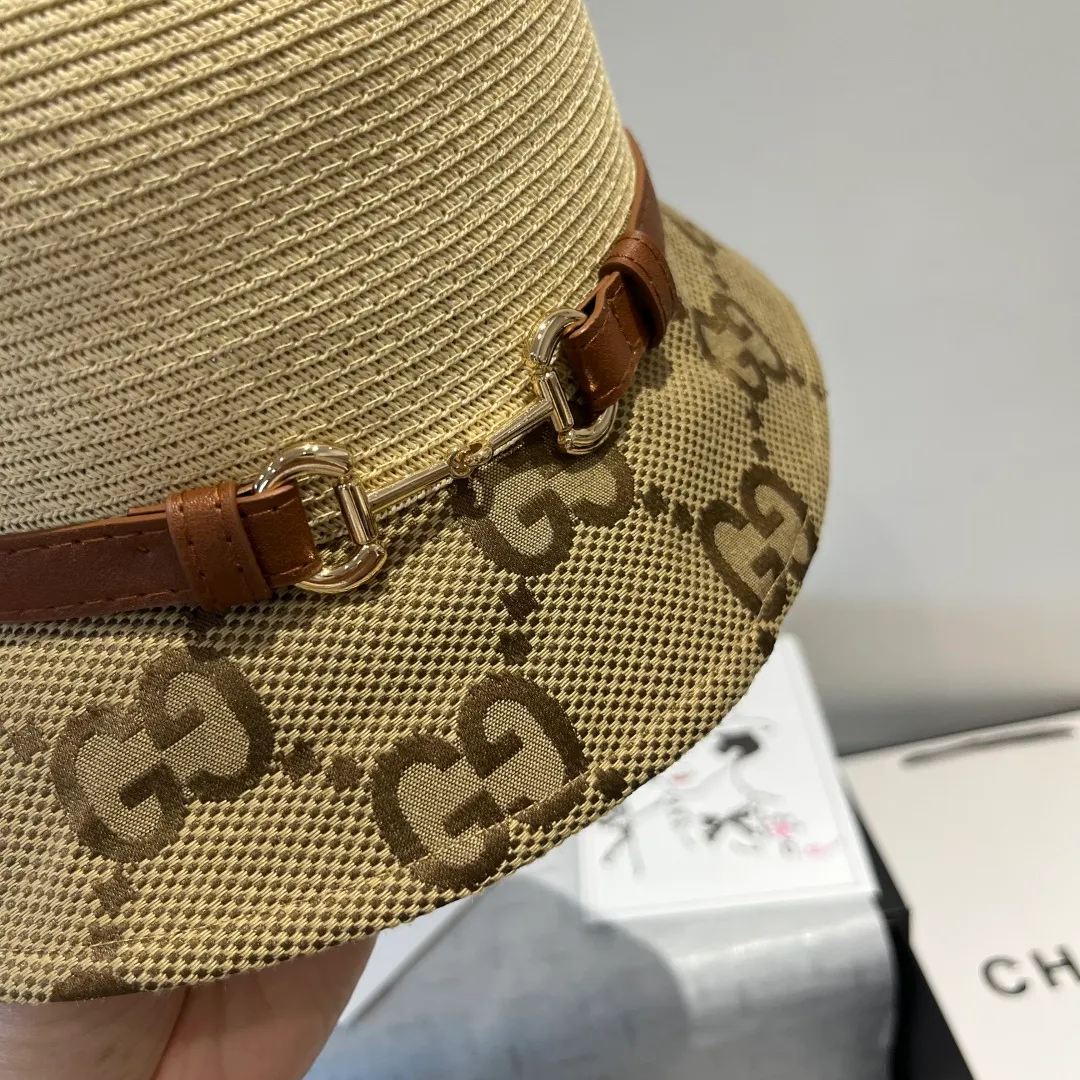 💰150¥ Gucci Gucci leather straw hat, thin straw hat, easy to carry, high-end customization, head circumference 57cm, khaki two colors