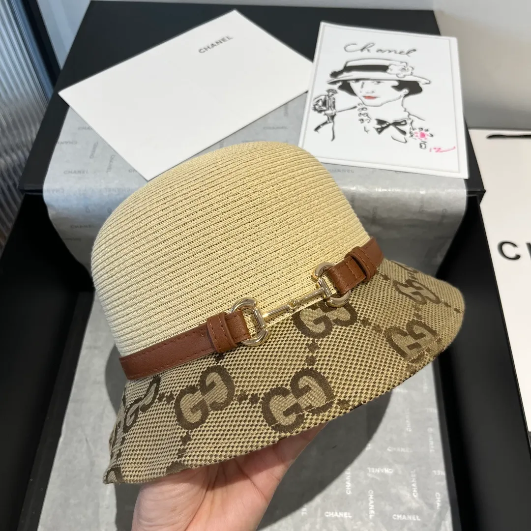 💰150¥ Gucci Gucci leather straw hat, thin straw hat, easy to carry, high-end customization, head circumference 57cm, khaki two colors