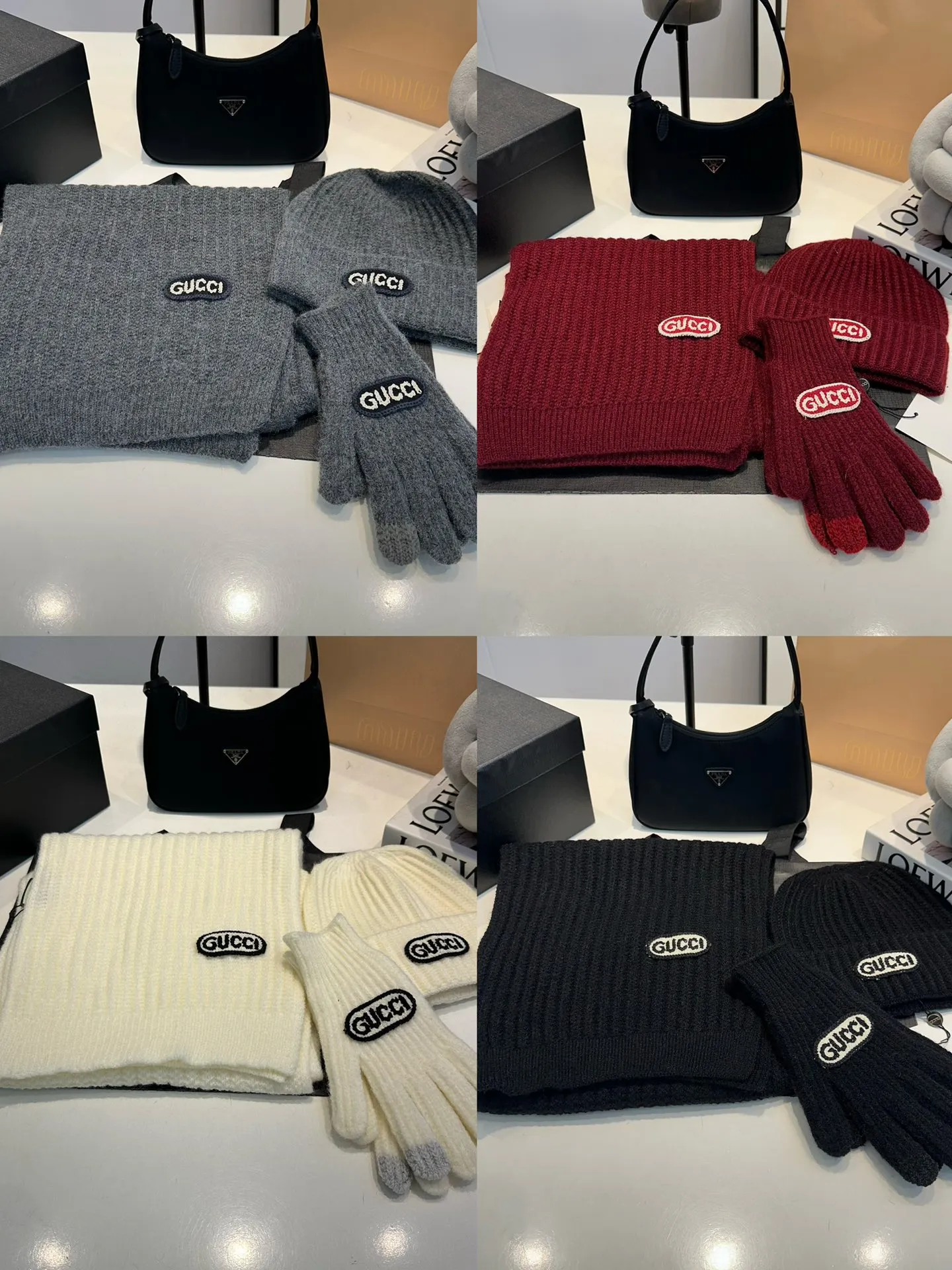 P180 Gucci Gucci three-piece set👏rabbit wool + cashmere knitted scarf and hat set, warm and fashionable, comfortable and soft texture, versatile style💑unisex, couple style