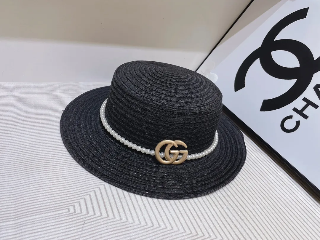 Gucci pearl brooch linen flat hat