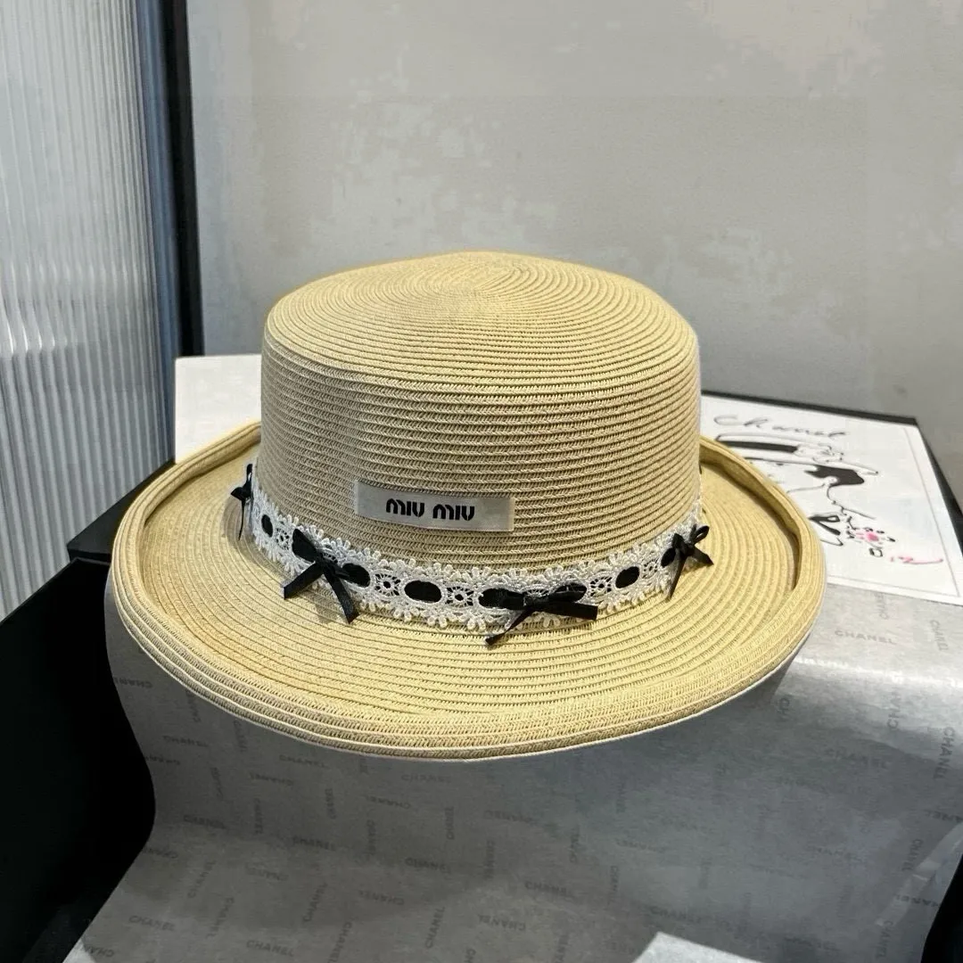 💰160¥ miumiu new flat-top straw hat, rolled-edge top hat, head circumference 57cm