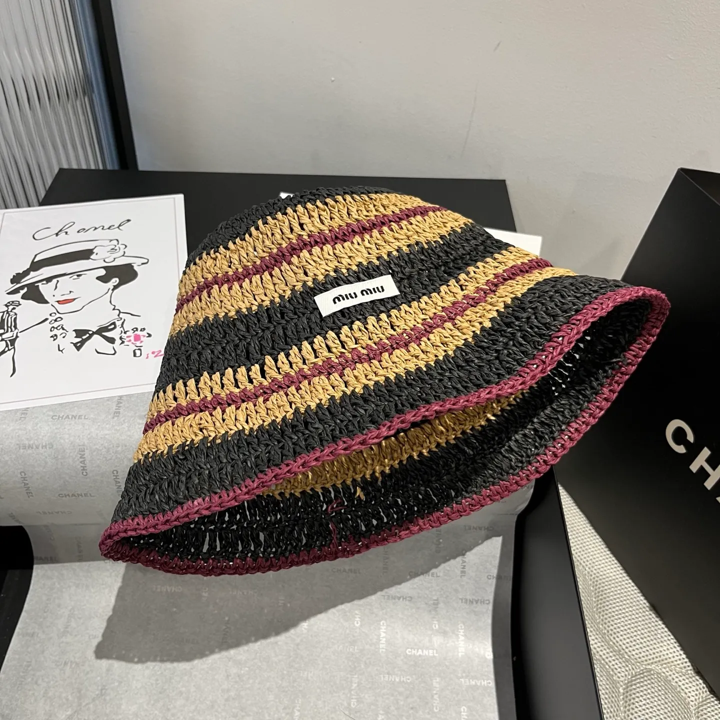 💰110¥ 🖤Miumiu papyrus crochet straw hat 🆕Color-blocking stripes Foldable sun protection and versatile 👌 Head circumference 55～58cm 👒Khaki blue