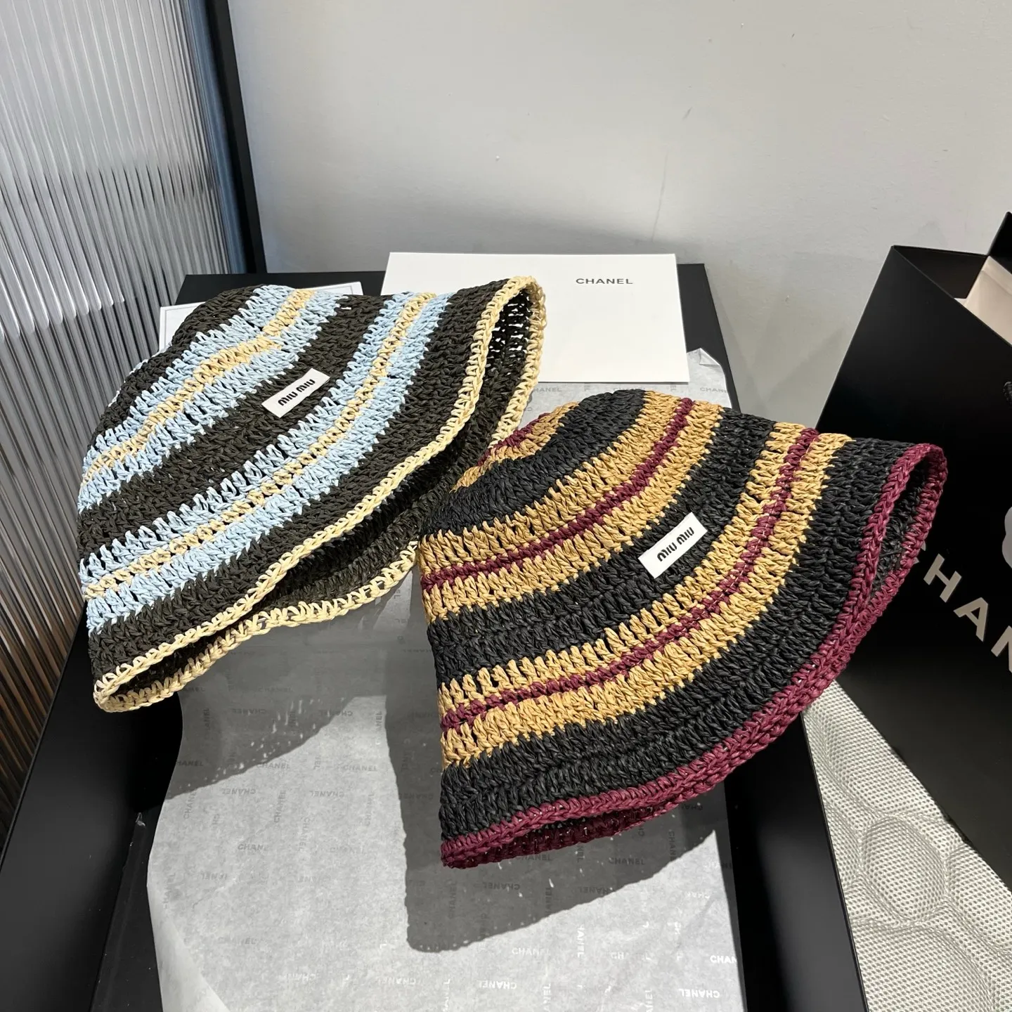 💰110¥ 🖤Miumiu papyrus crochet straw hat 🆕Color-blocking stripes Foldable sun protection and versatile 👌 Head circumference 55～58cm 👒Khaki blue
