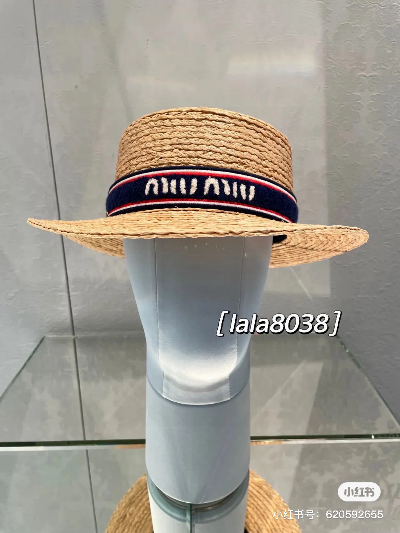 💰160¥ miumiu new straw hat, 23 new flat top hat, raffia straw hat, one to one customized version, head circumference about 57cm