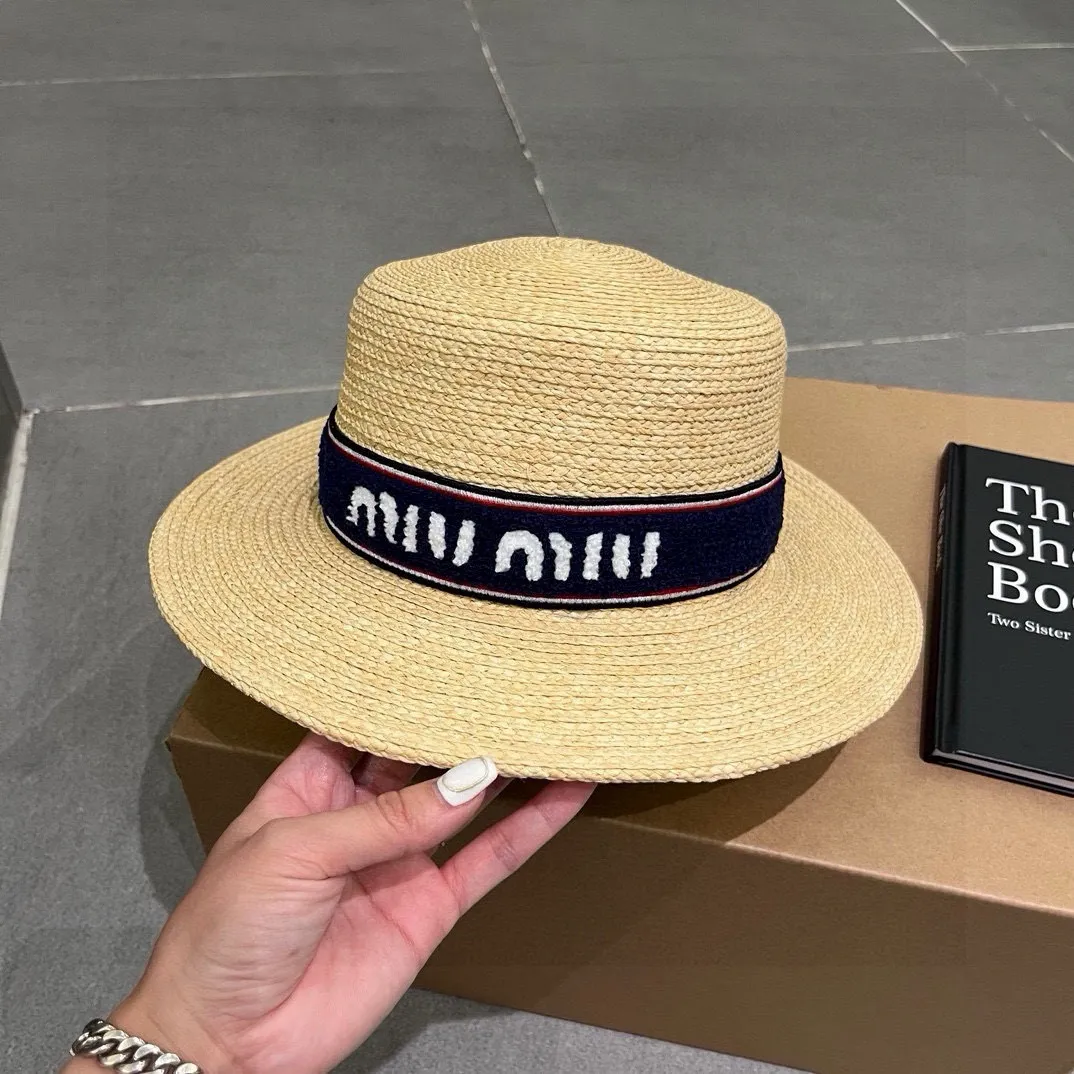 💰160¥ miumiu new straw hat, 23 new flat top hat, raffia straw hat, one to one customized version, head circumference about 57cm