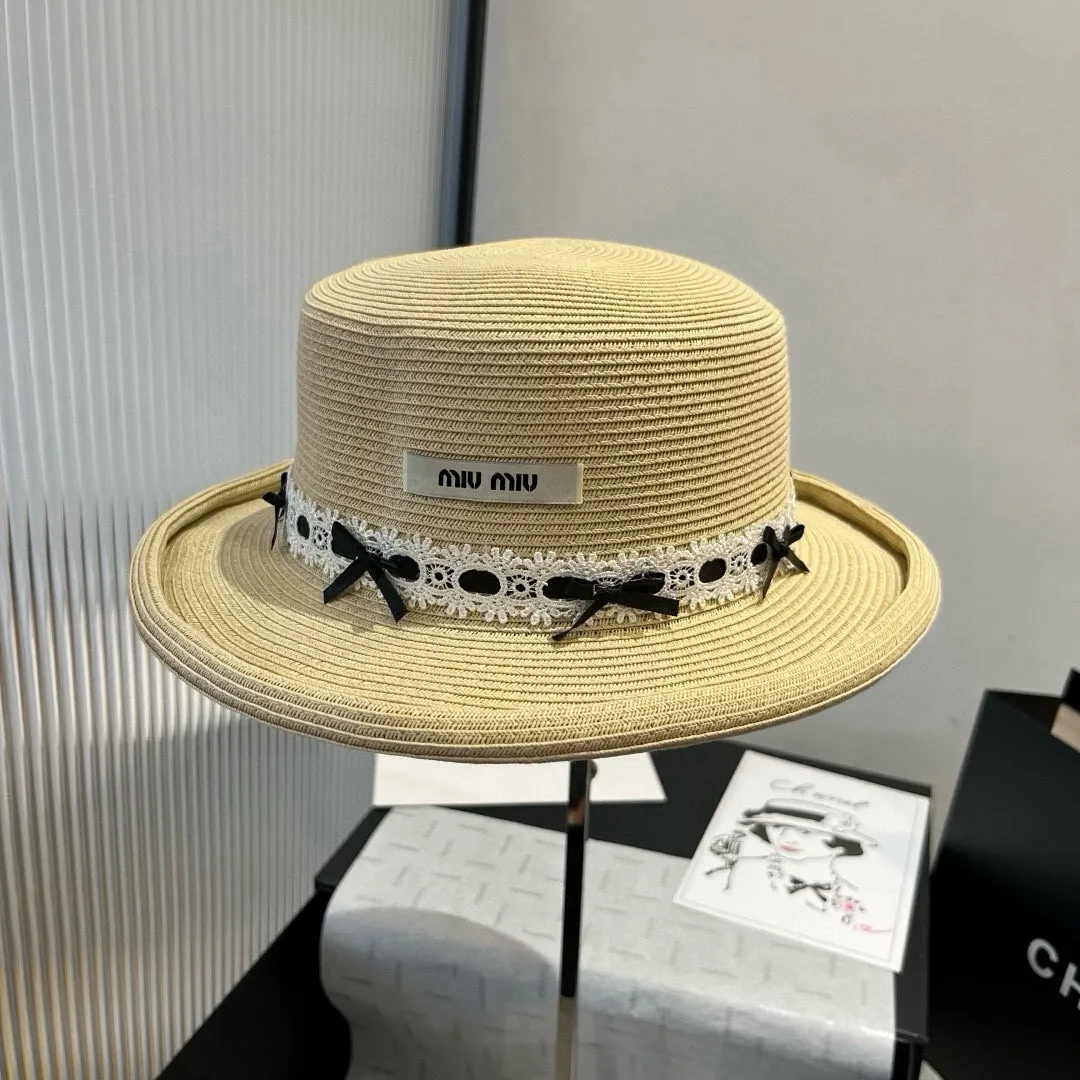 💰150¥ miumiu new flat-top straw hat, rolled-edge top hat, head circumference 57cm