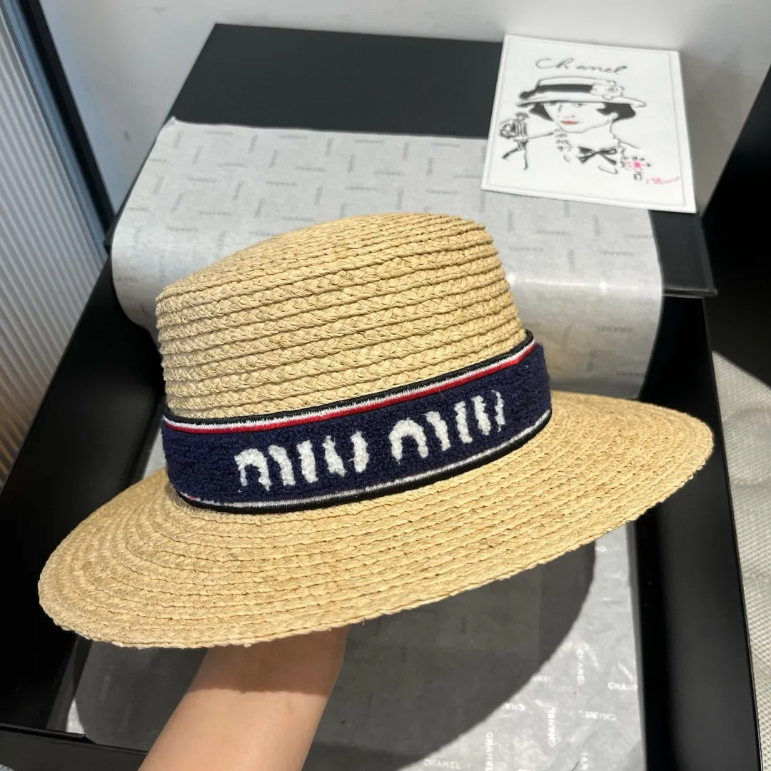 💰220¥ miumiu new straw hat, 23 new flat top hat, raffia straw hat, one to one customized version, head circumference about 57cm