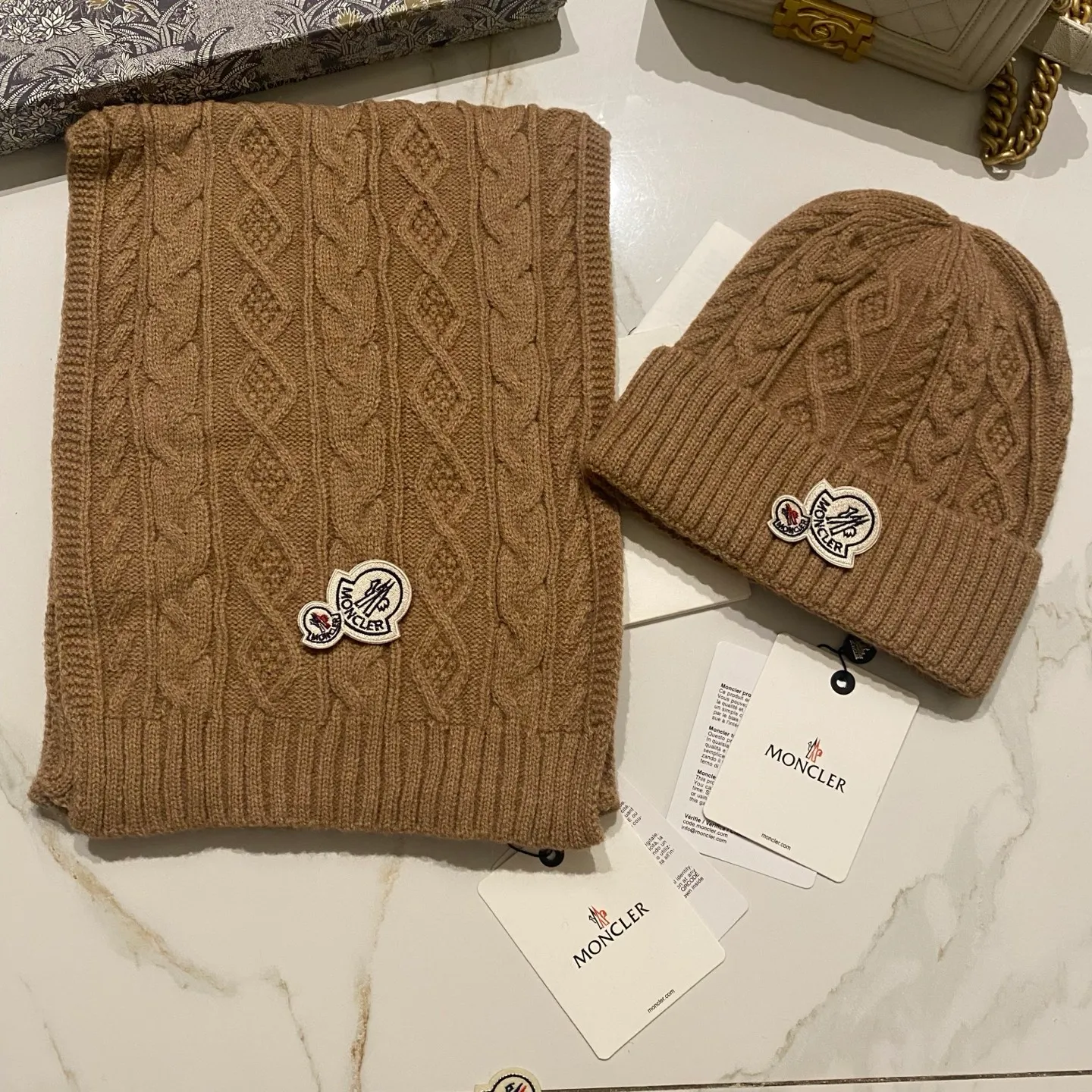 Moncler Mouth Covered Cashmere Suit Hat + Scarf