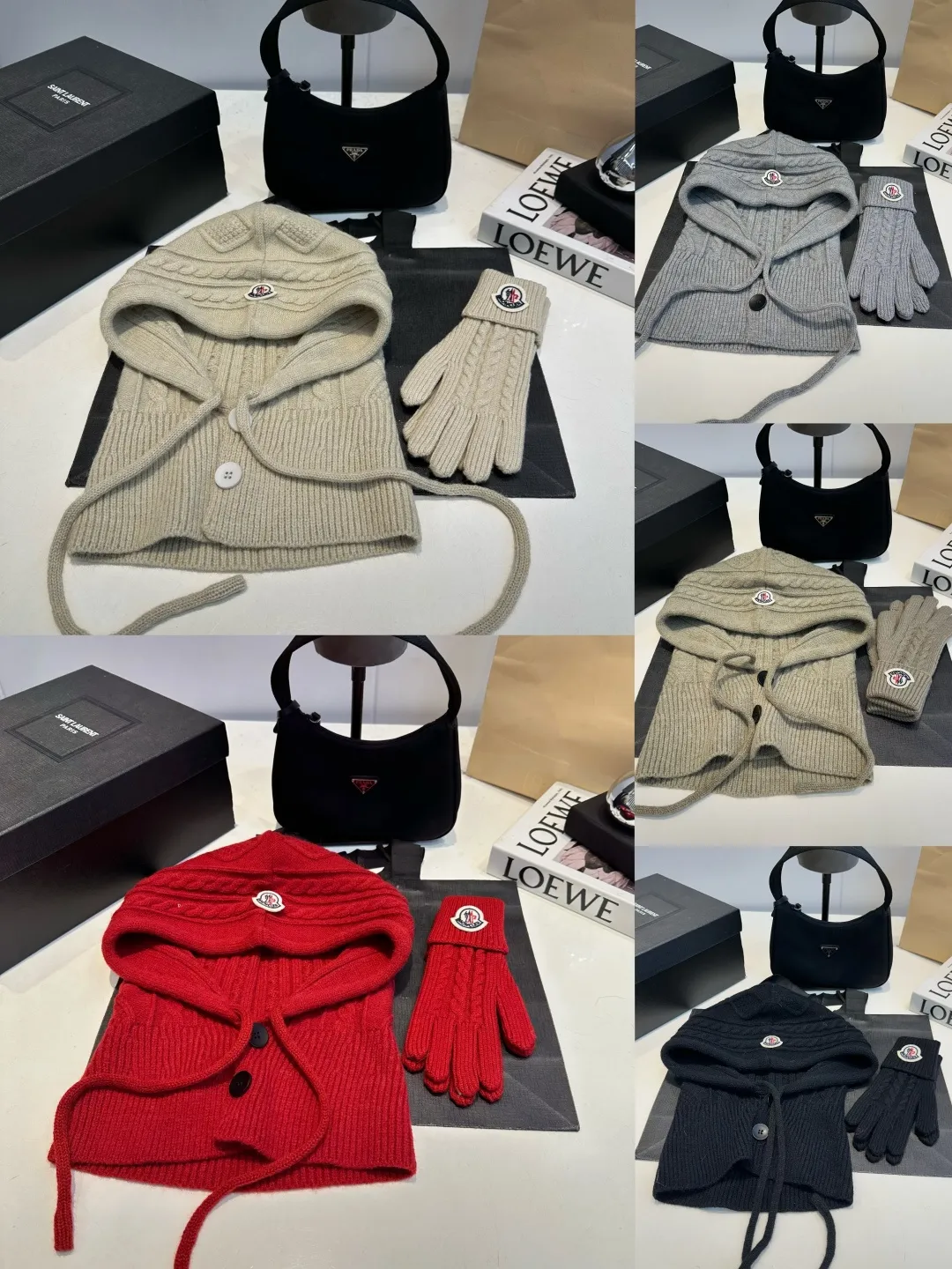 p140 Moncler Mouth Cover Set Hat + Gloves Autumn and Winter Knitted Beanie Hat This must be my favorite of minimalism. It is clean, neat, fashionable and versatile, and will definitely not be picky about your face shape! A fashionable classic that lasts forever!