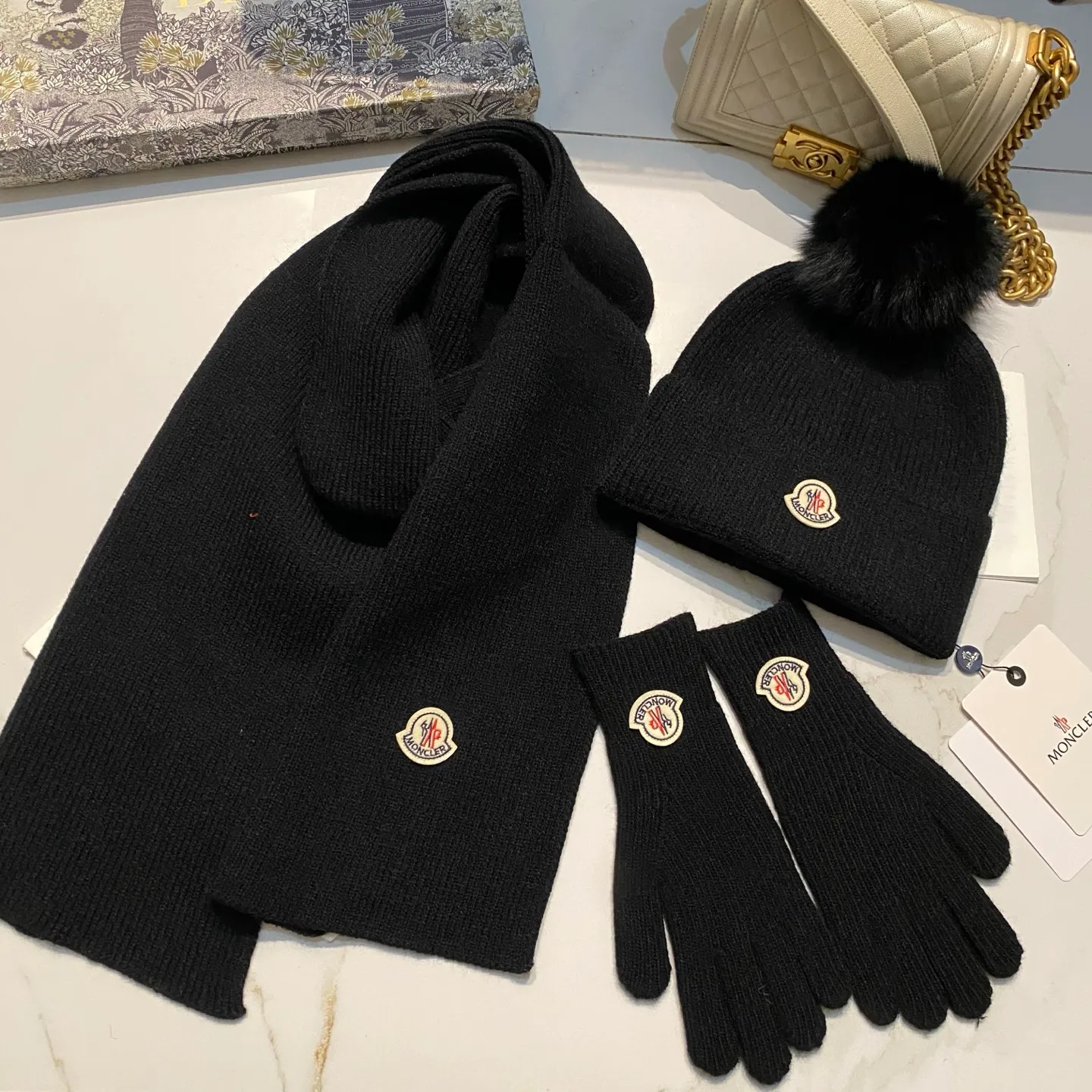 Moncler muzzle suit cashmere knitted hat + scarf + gloves