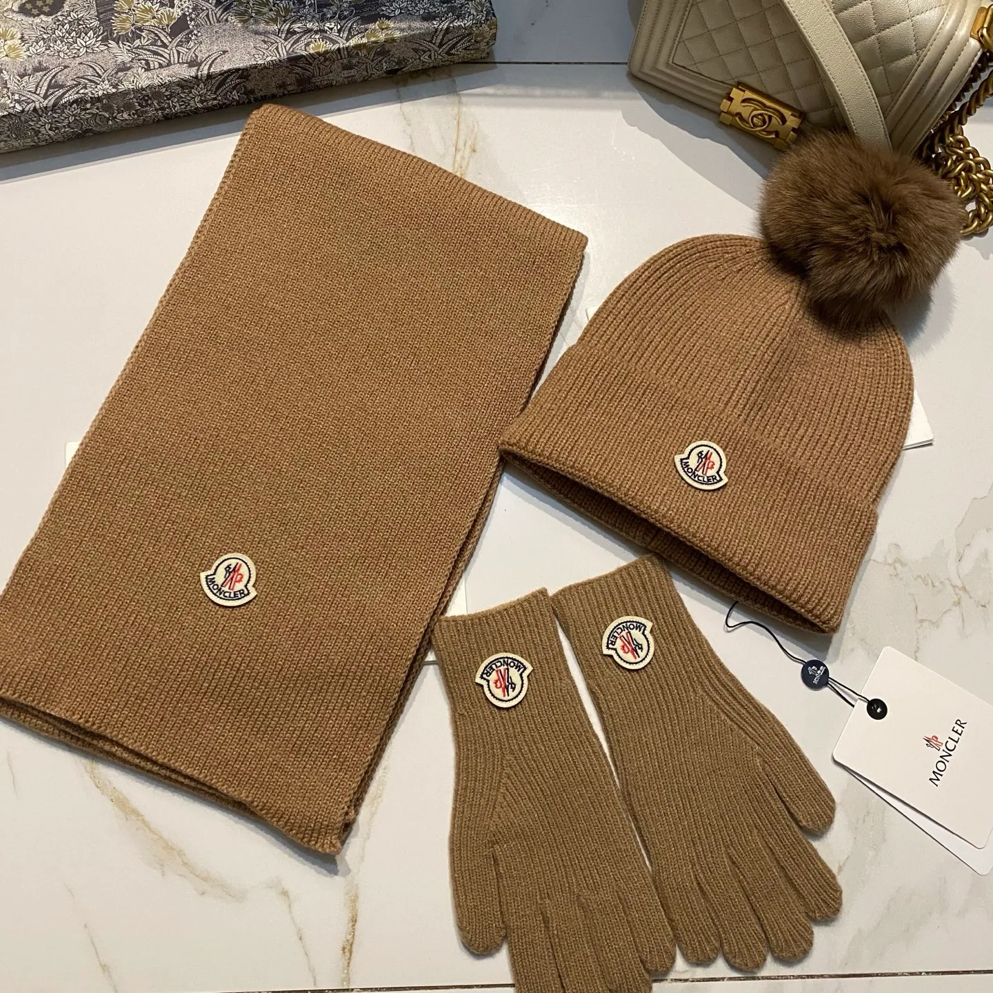 Moncler muzzle suit cashmere knitted hat + scarf + gloves