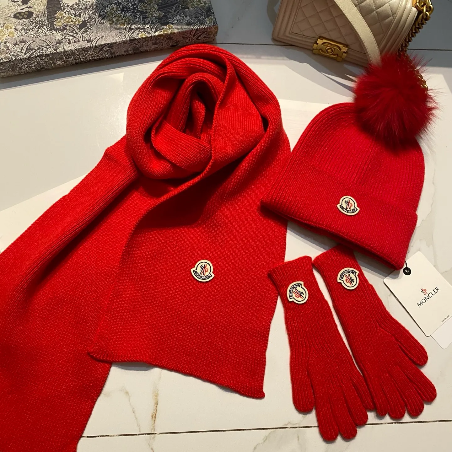 Moncler muzzle suit cashmere knitted hat + scarf + gloves