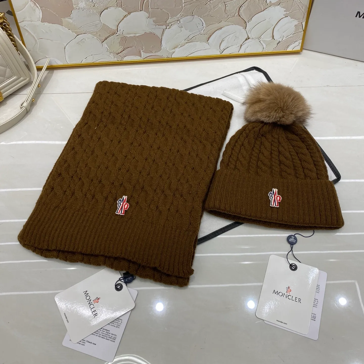 Moncler two-piece set cashmere knitted hat with fox fur ball + scarf🧣