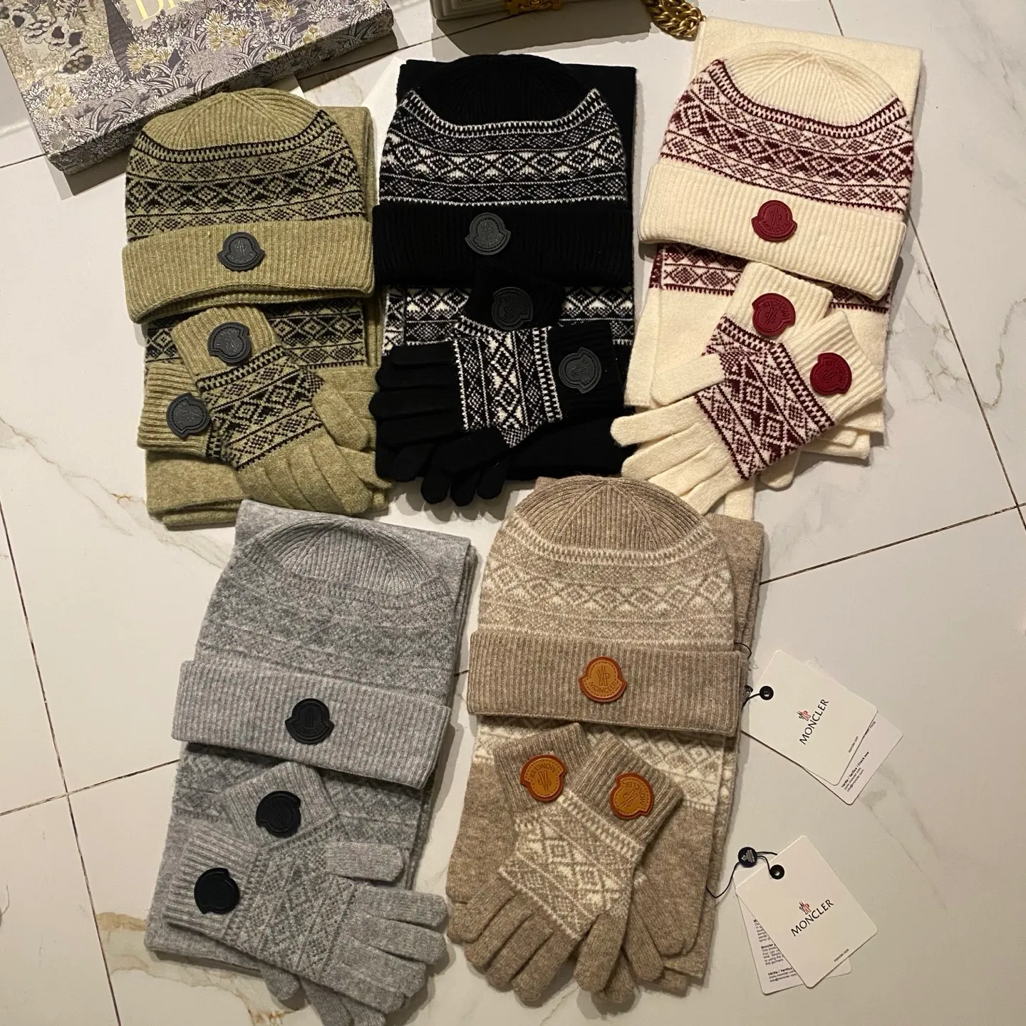 Fair Isle Moncler muzzle suit cashmere knitted hat + scarf + gloves