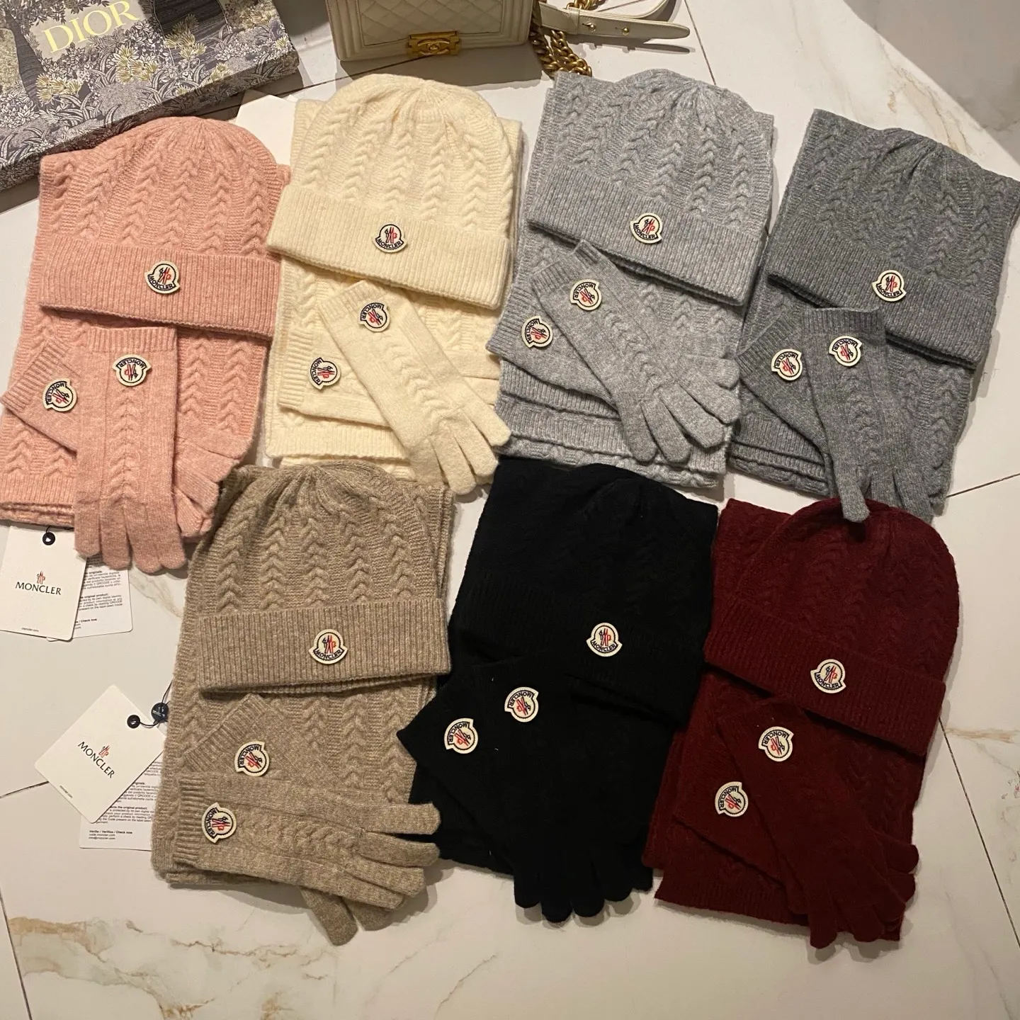 Moncler muzzle suit cashmere knitted hat + scarf + gloves