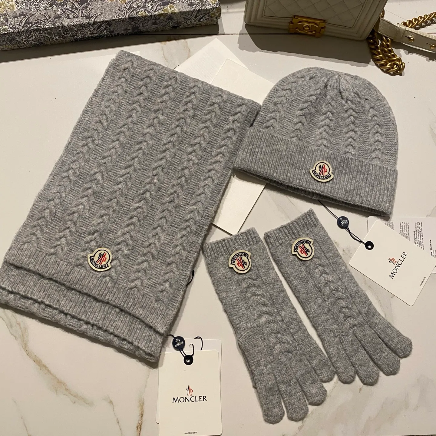 Moncler muzzle suit cashmere knitted hat + scarf + gloves
