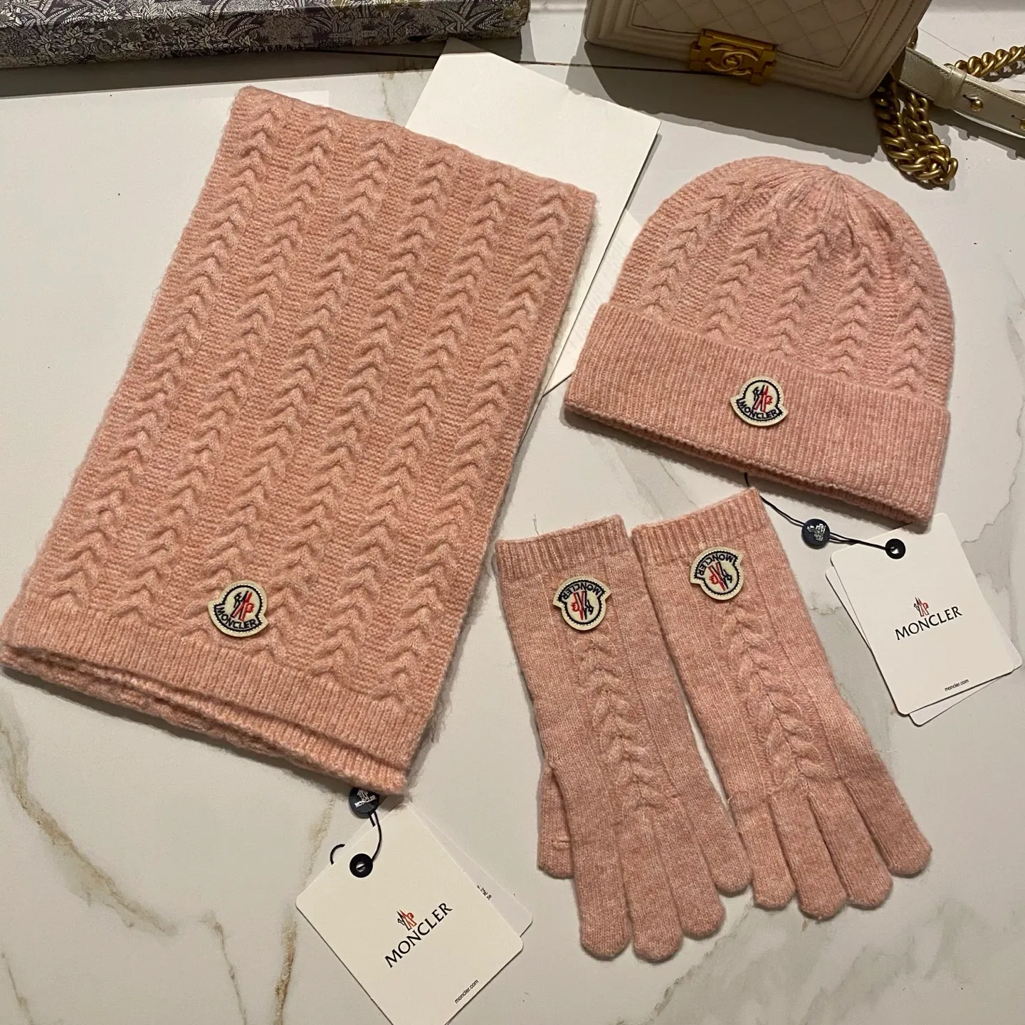 Moncler muzzle suit cashmere knitted hat + scarf + gloves