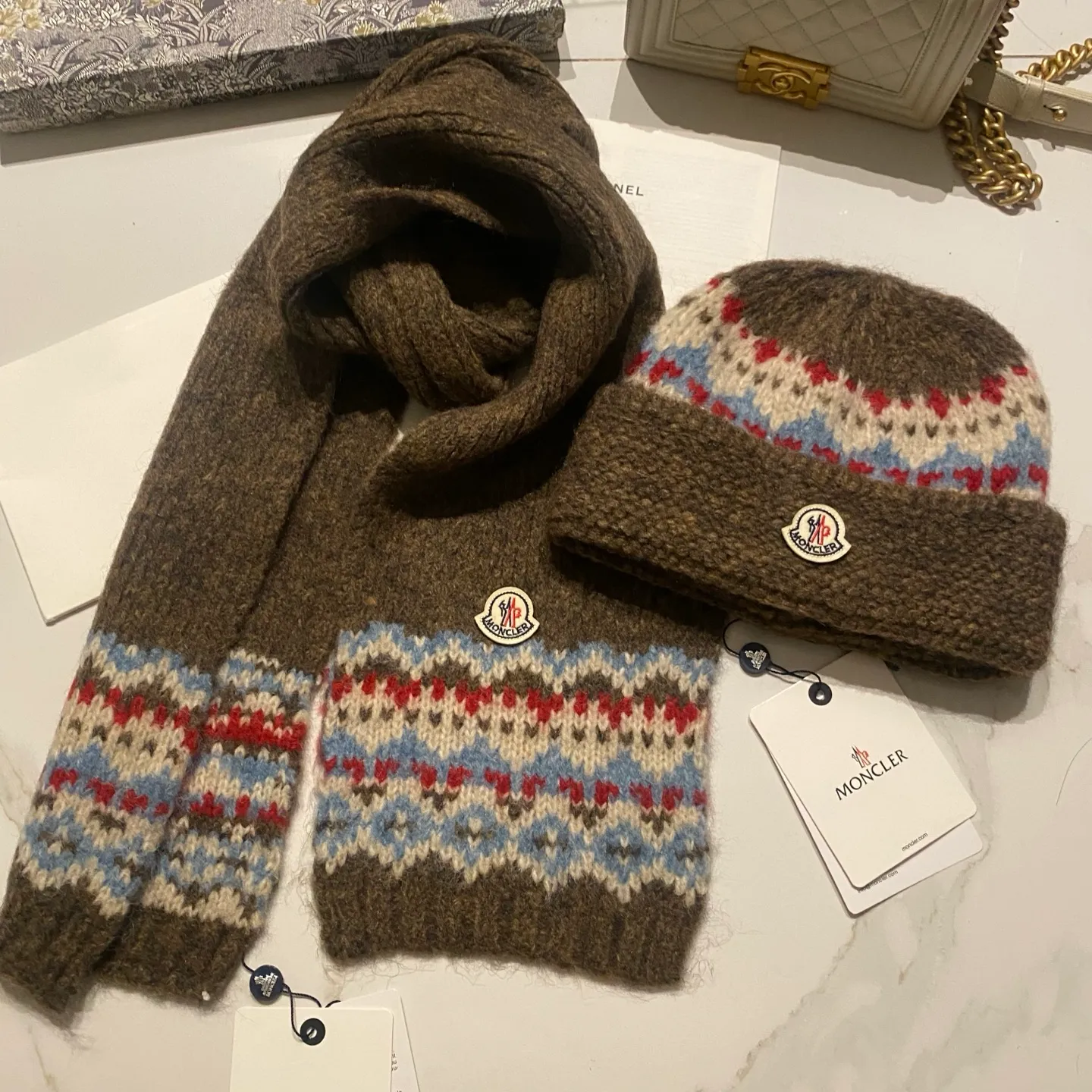 Fair Isle Moncler muzzle suit knitted hat + scarf