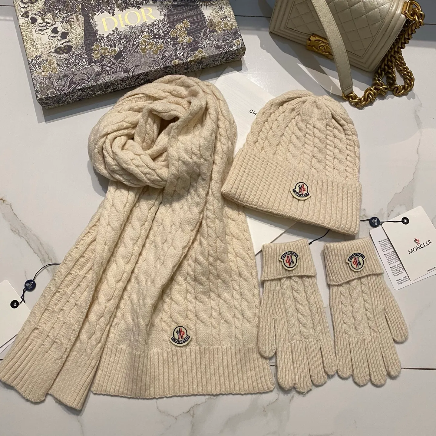 Moncler muzzle suit cashmere knitted hat + scarf + gloves